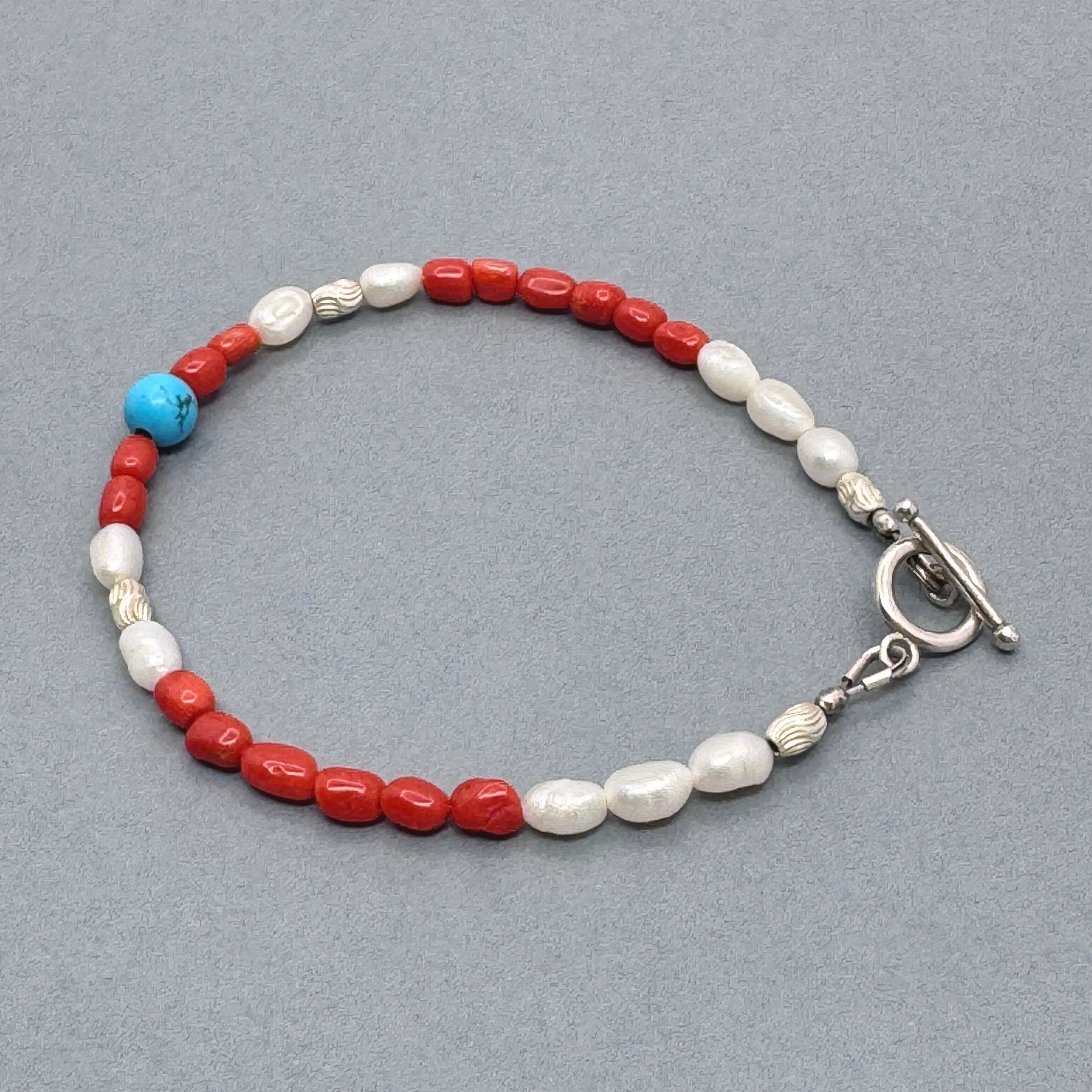 Turquoise, Coral & Pearl 925 Silver Bracelet