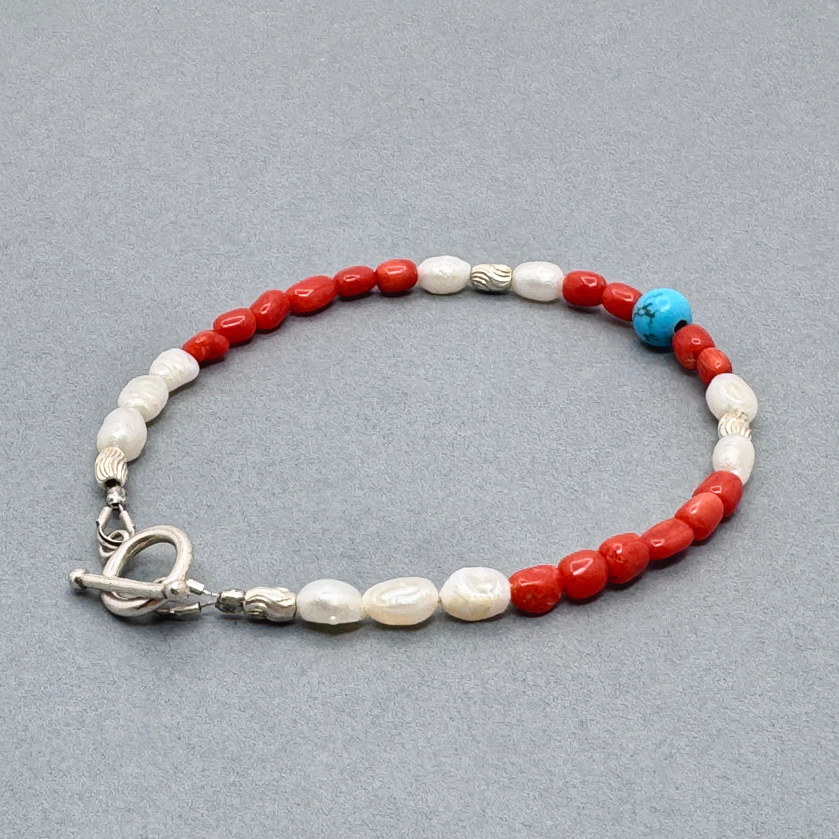 Turquoise, Coral & Pearl 925 Silver Bracelet