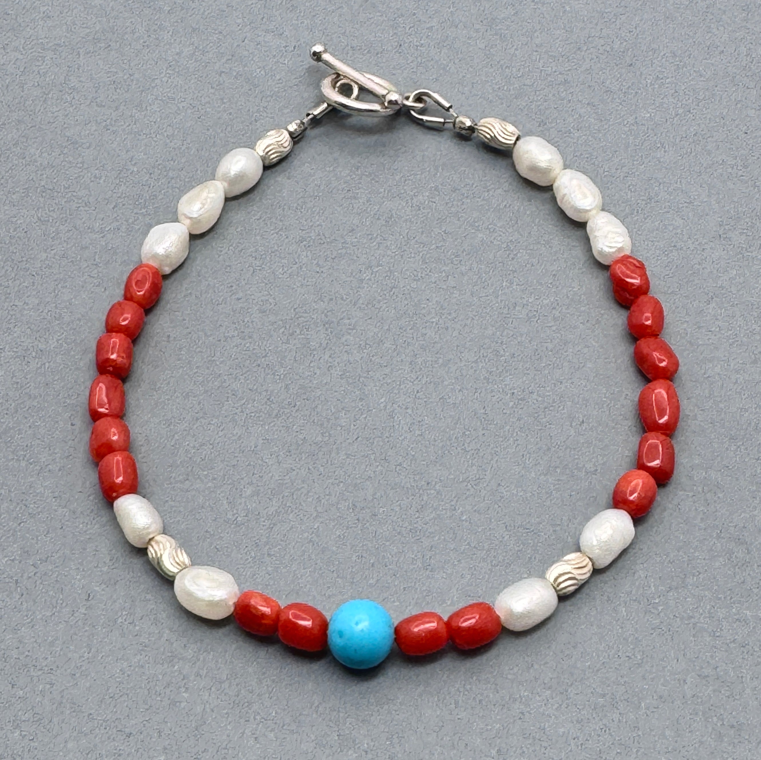 Turquoise, Coral & Pearl 925 Silver Bracelet
