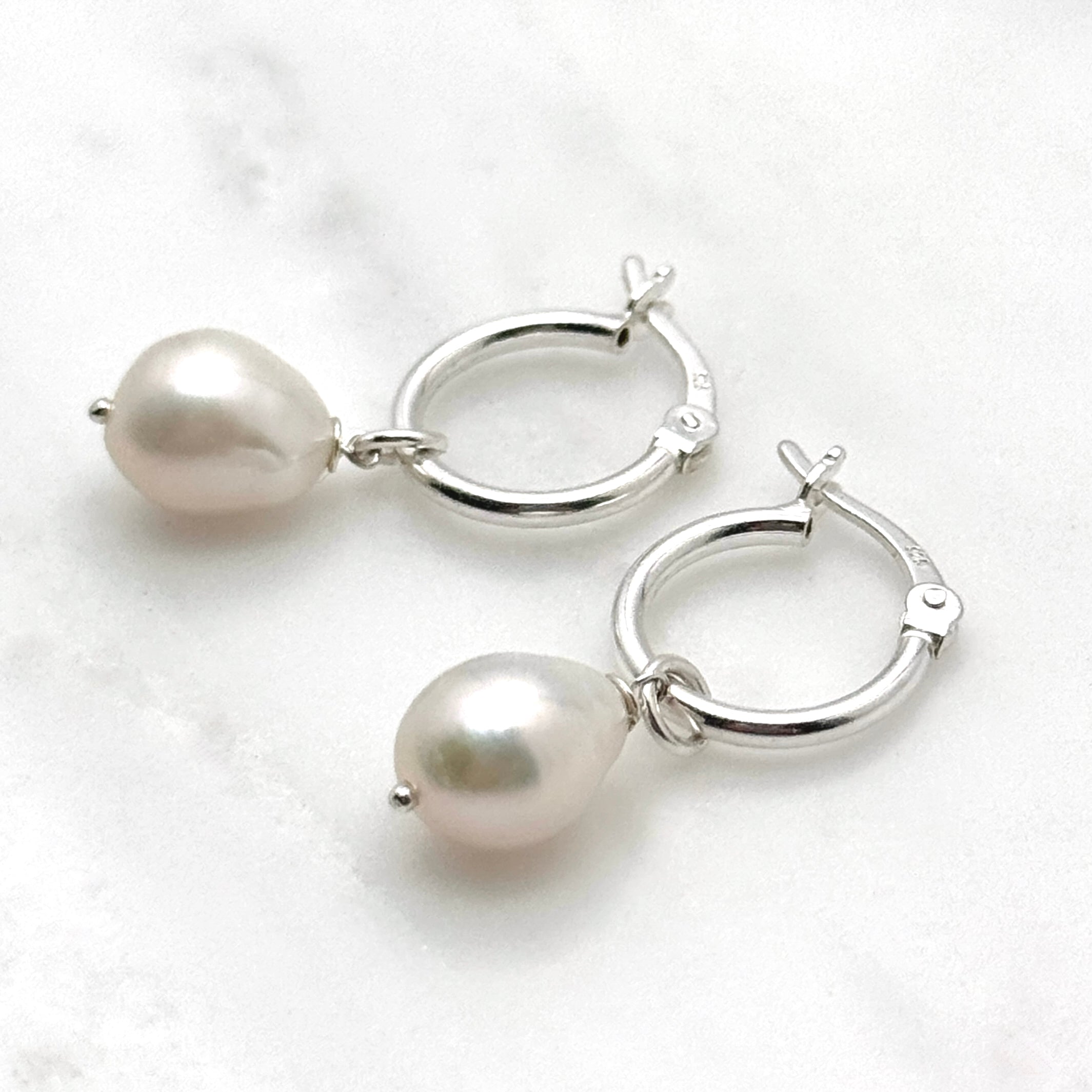 Pearl Huggie Hoop Sterling Silver Earrings