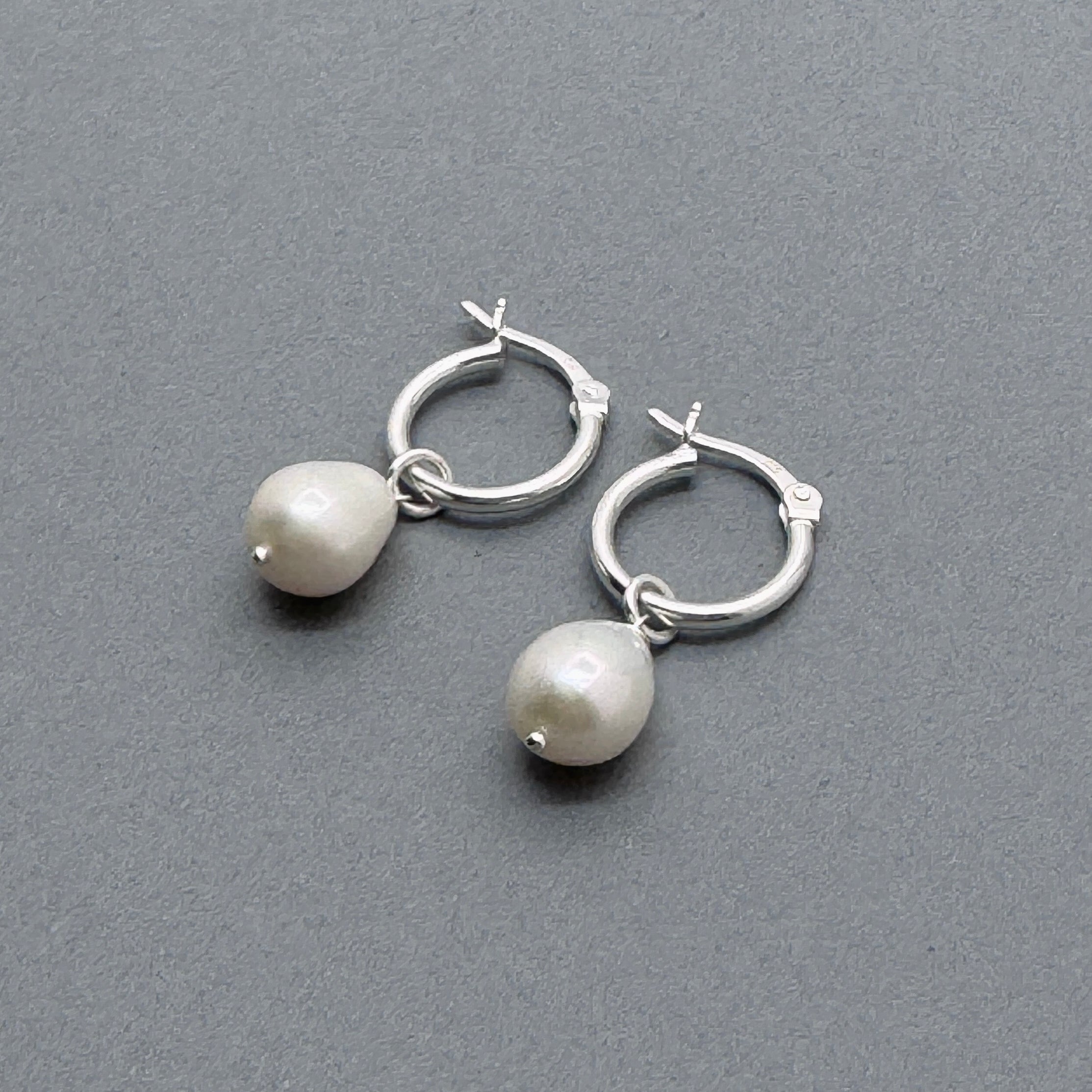 Pearl Huggie Hoop Sterling Silver Earrings