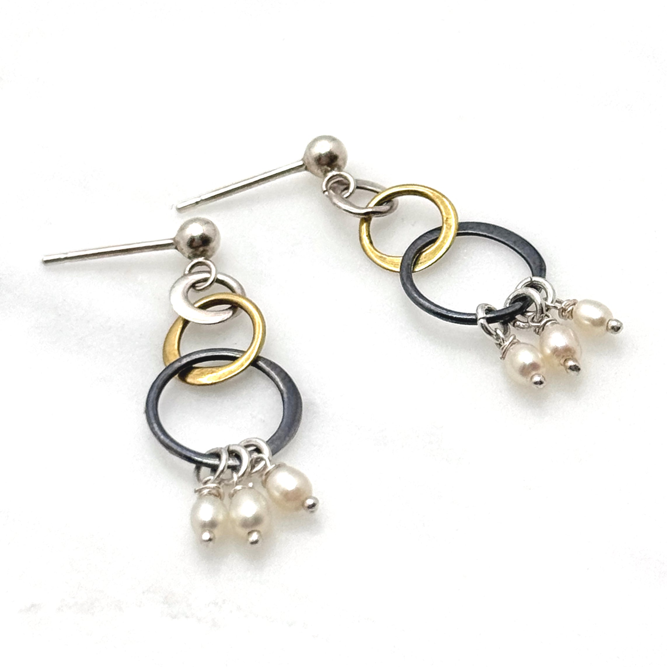 Tiny White Pearl Mixed Metal Drop Earrings