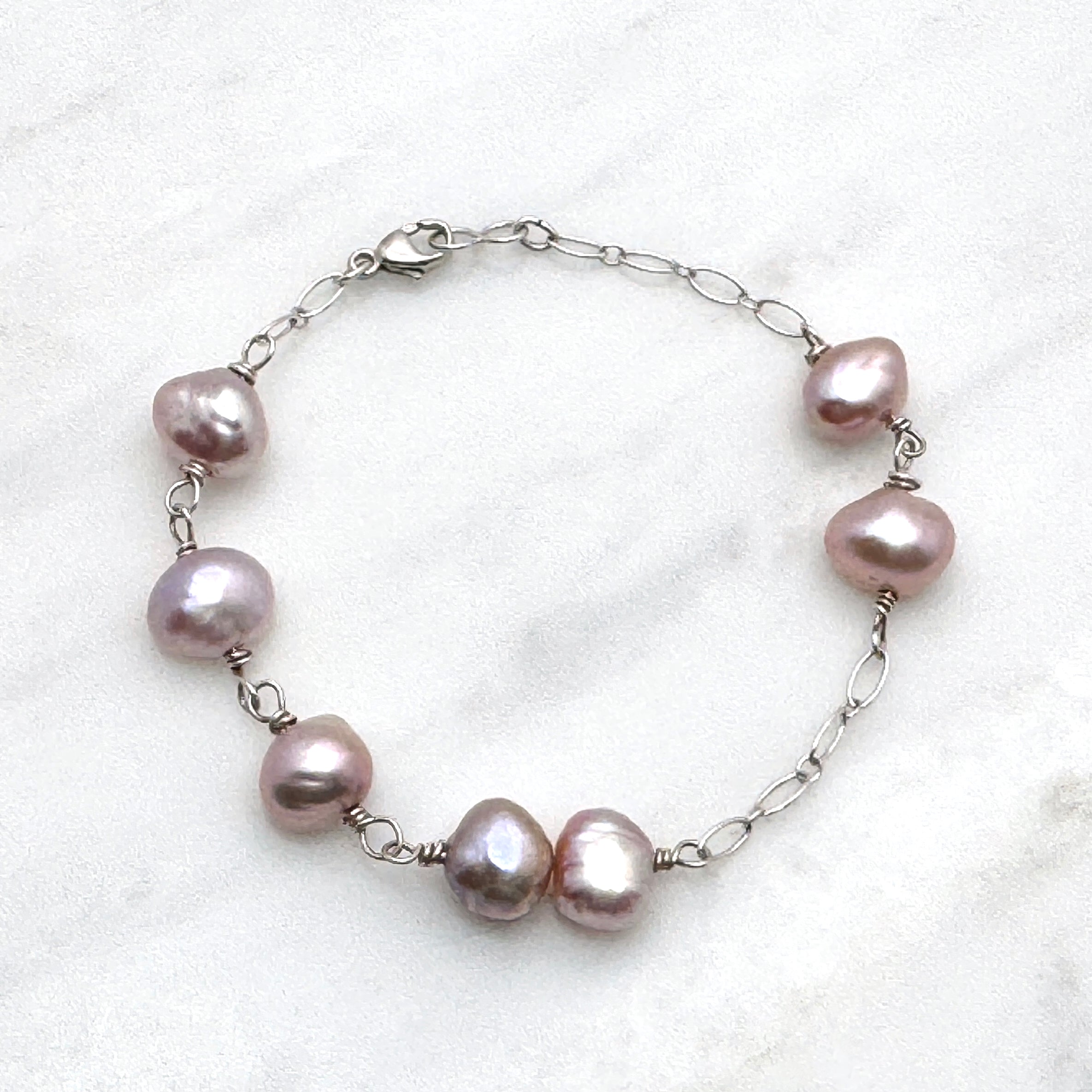 Pink-Lavender Baroque Pearl Silver Bracelet