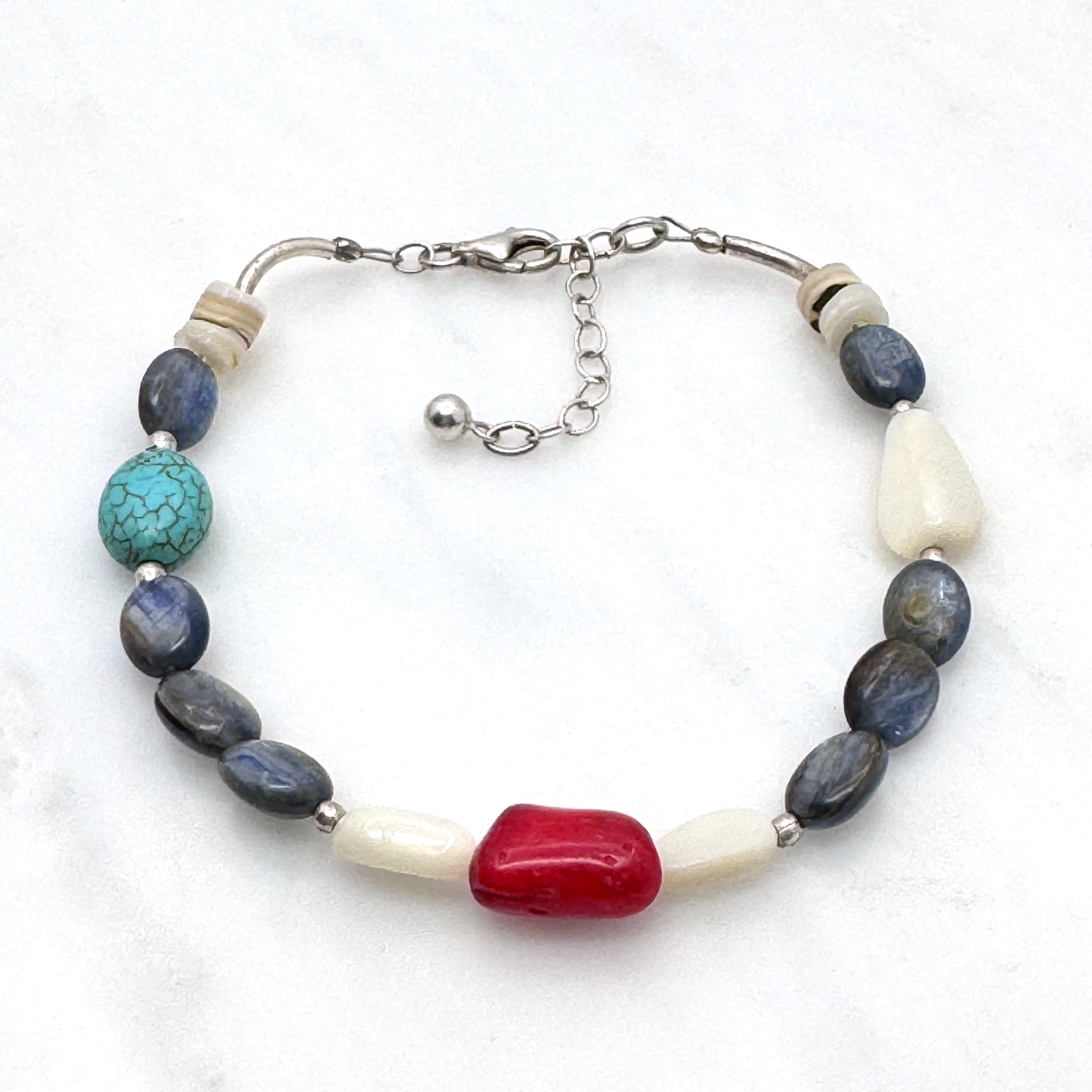 Red Coral & Kyanite Sterling Silver Bracelet