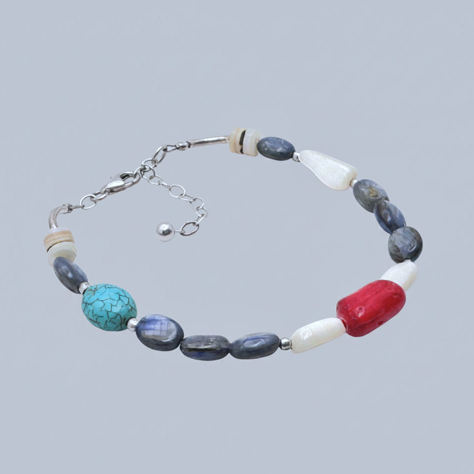 Red Coral & Kyanite Sterling Silver Bracelet