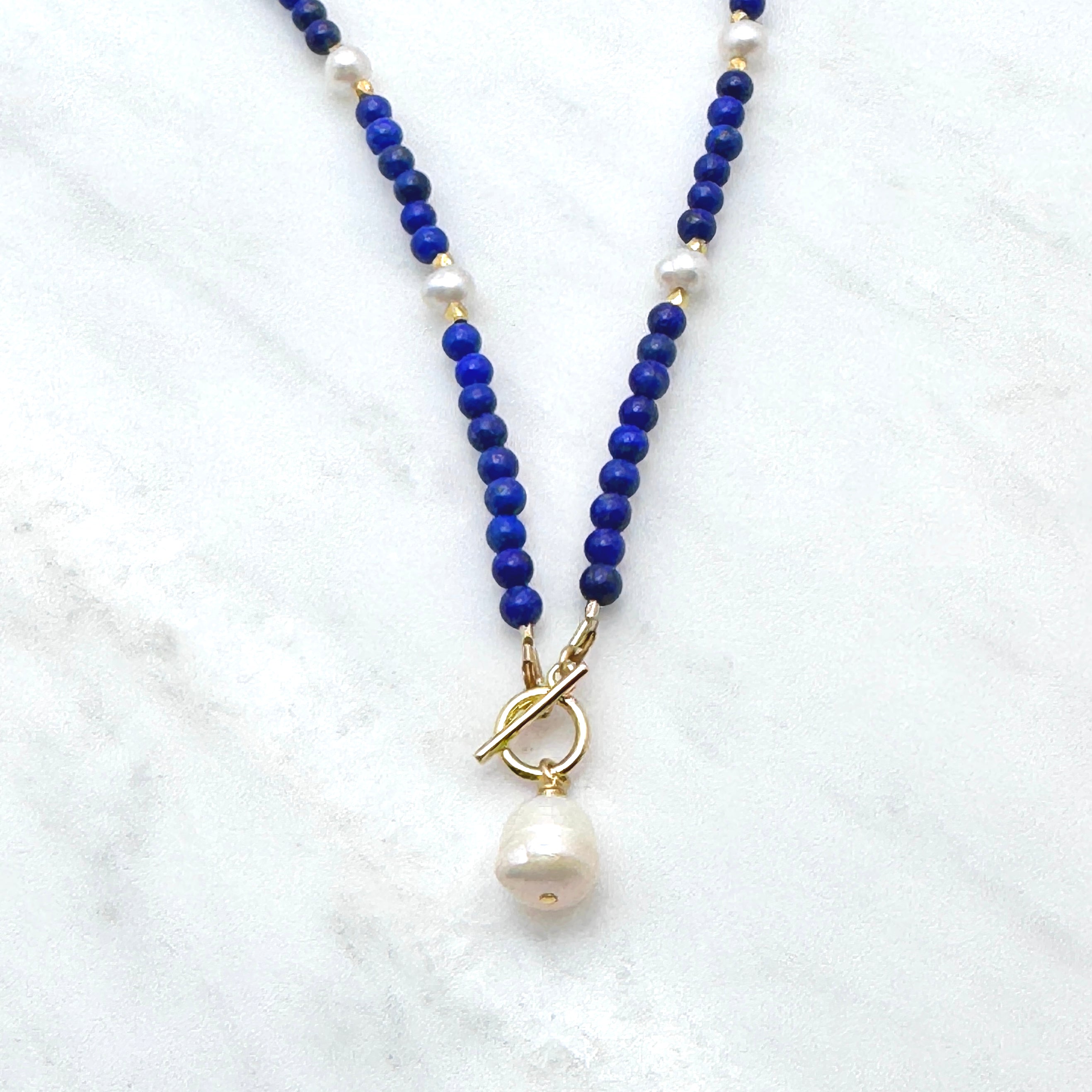 Lapis & Baroque Pearl Front Toggle Necklace