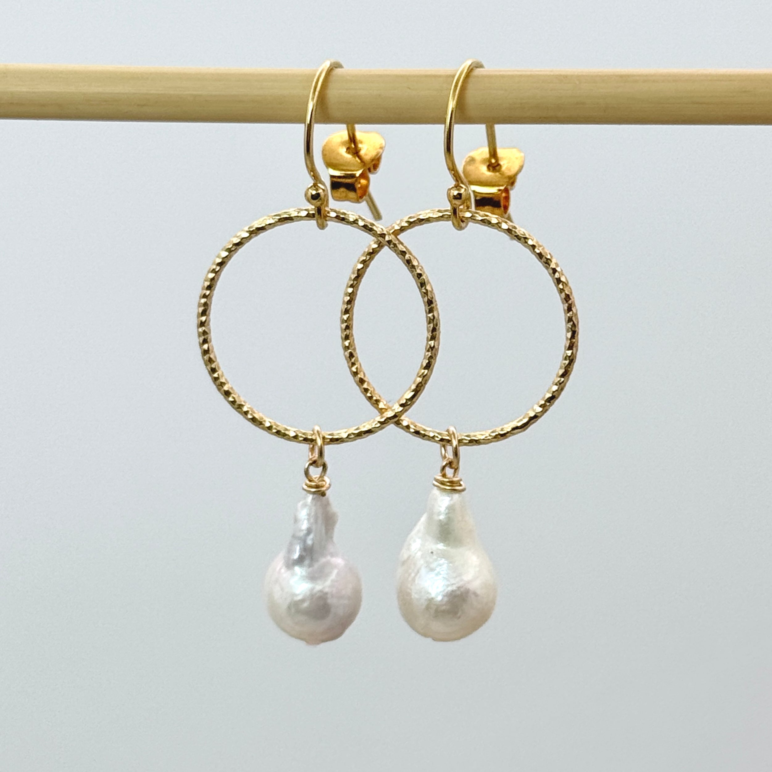 White Baroque Pearl & Gold Circle Earrings