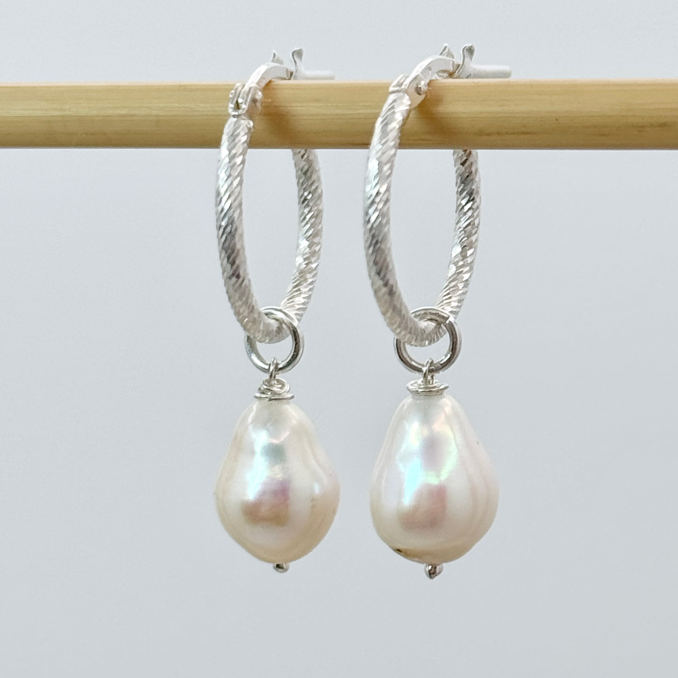 White Pearl Sterling Silver Twisted Huggies