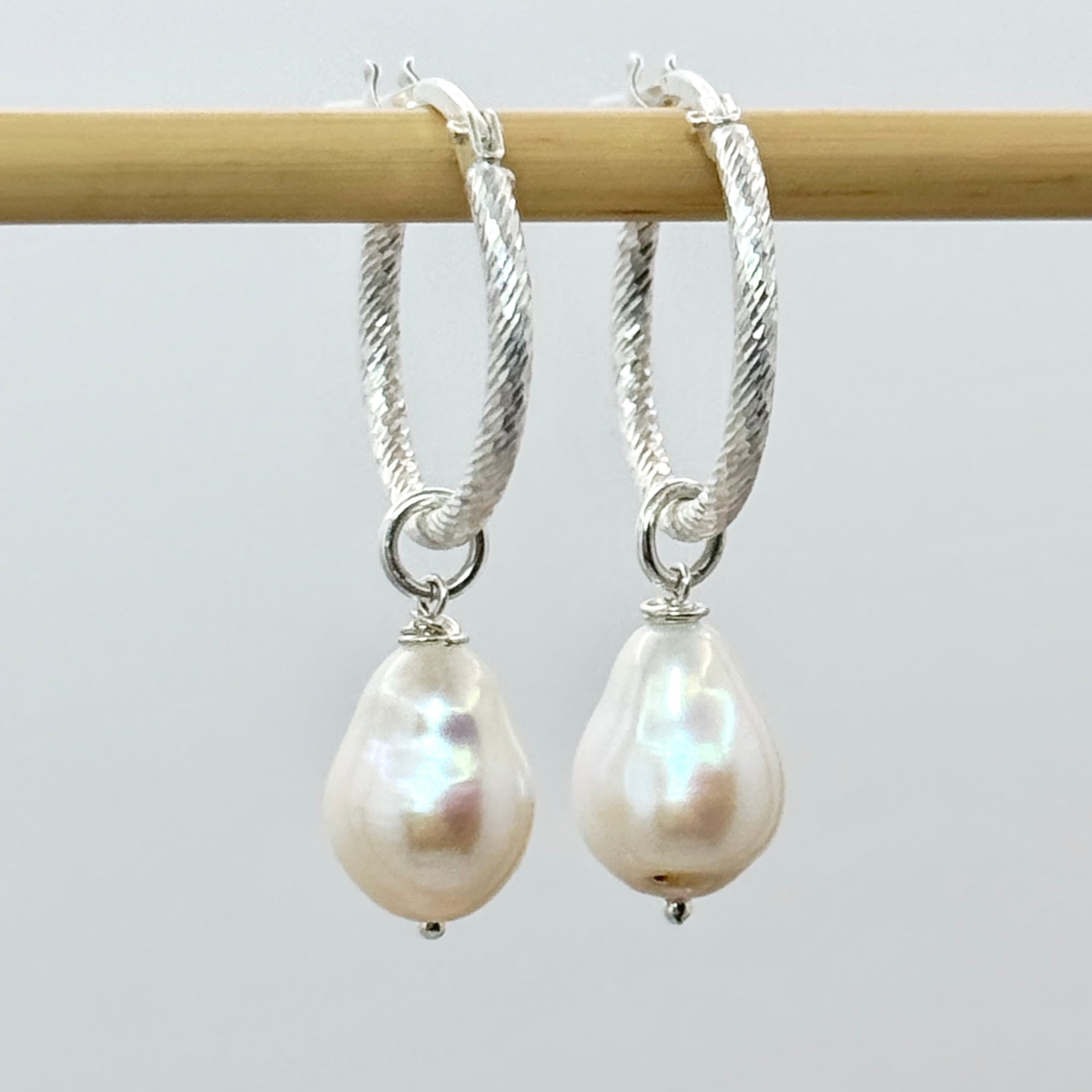 White Pearl Sterling Silver Twisted Huggies