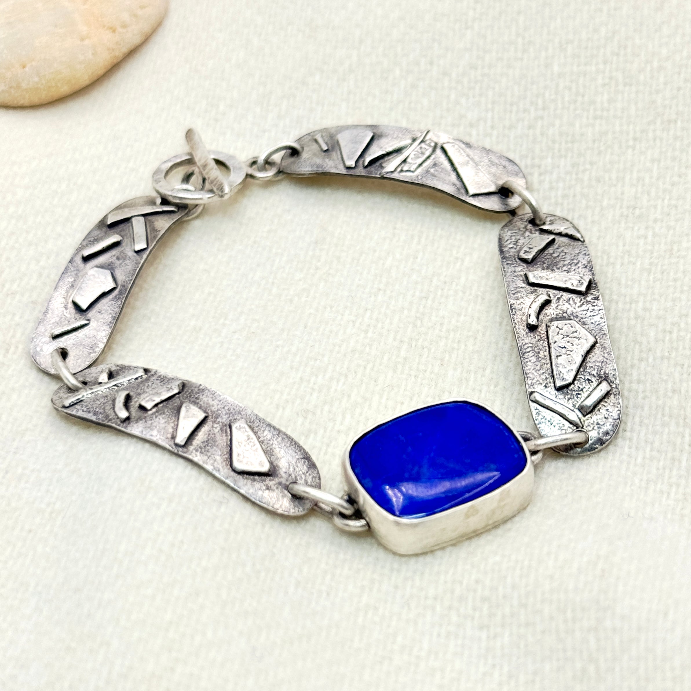 Sterling Silver Lapis Textured Link Bracelet