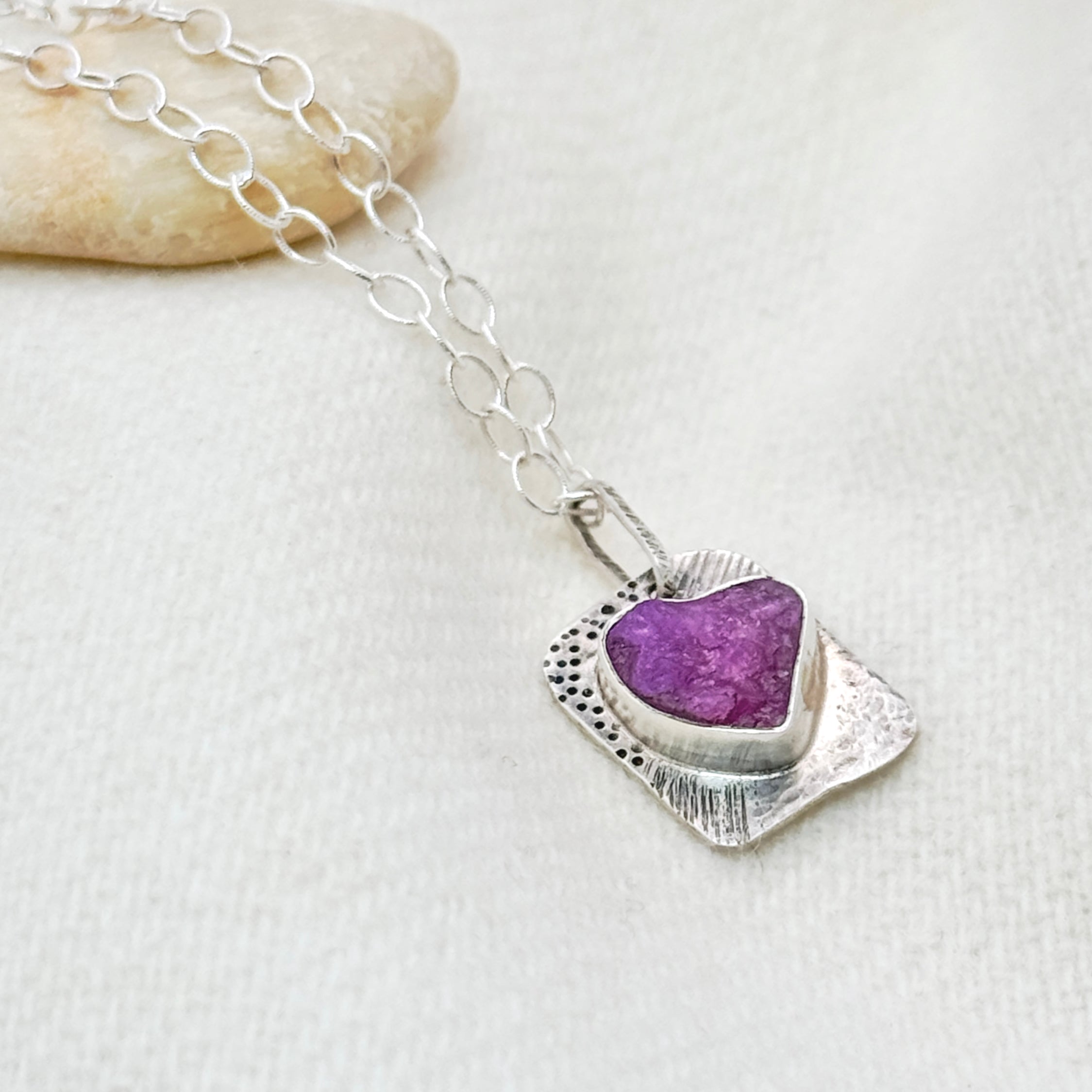 Rough Ruby Heart Silver Pendant Necklace