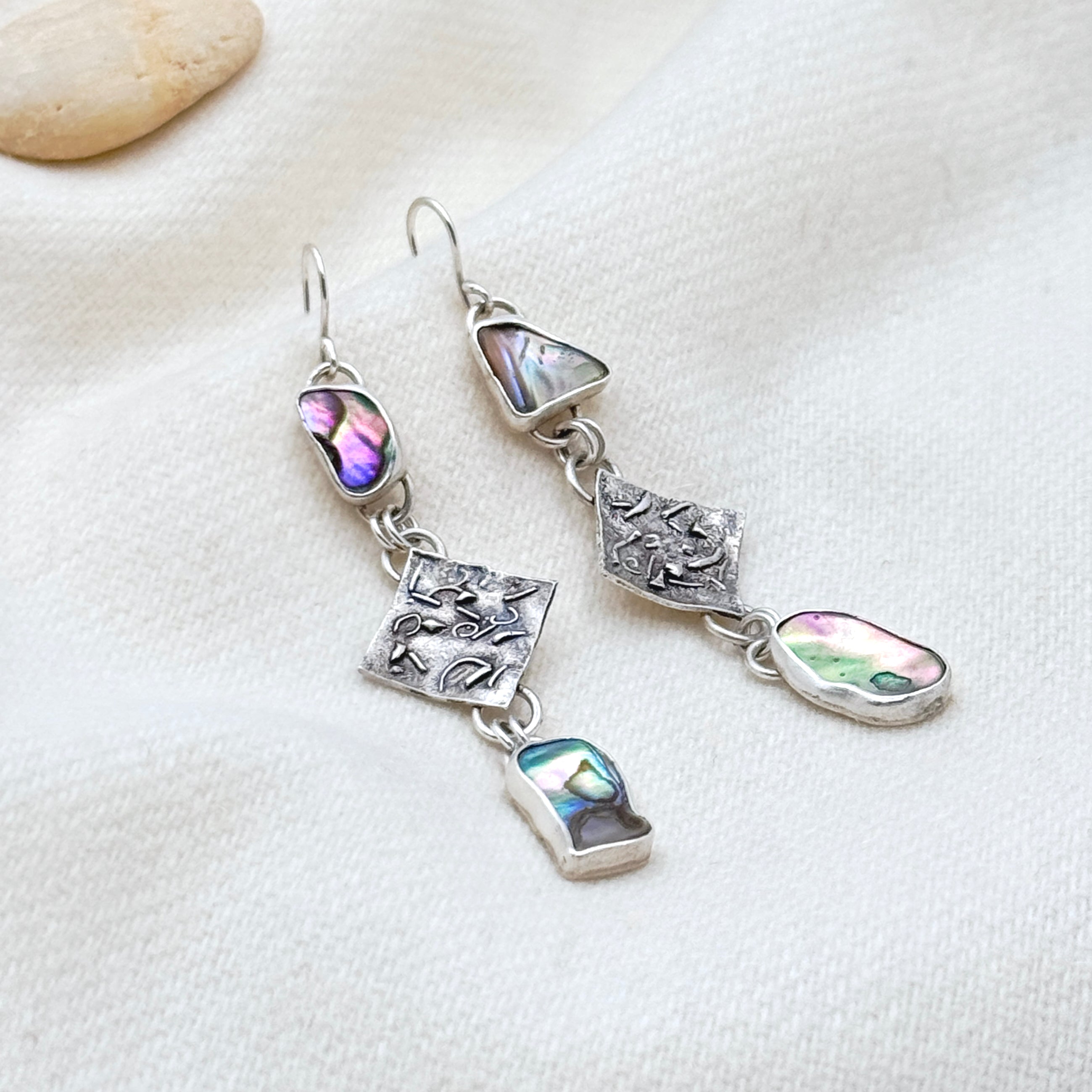Abalone & Textured 925 Silver Drop Earrings