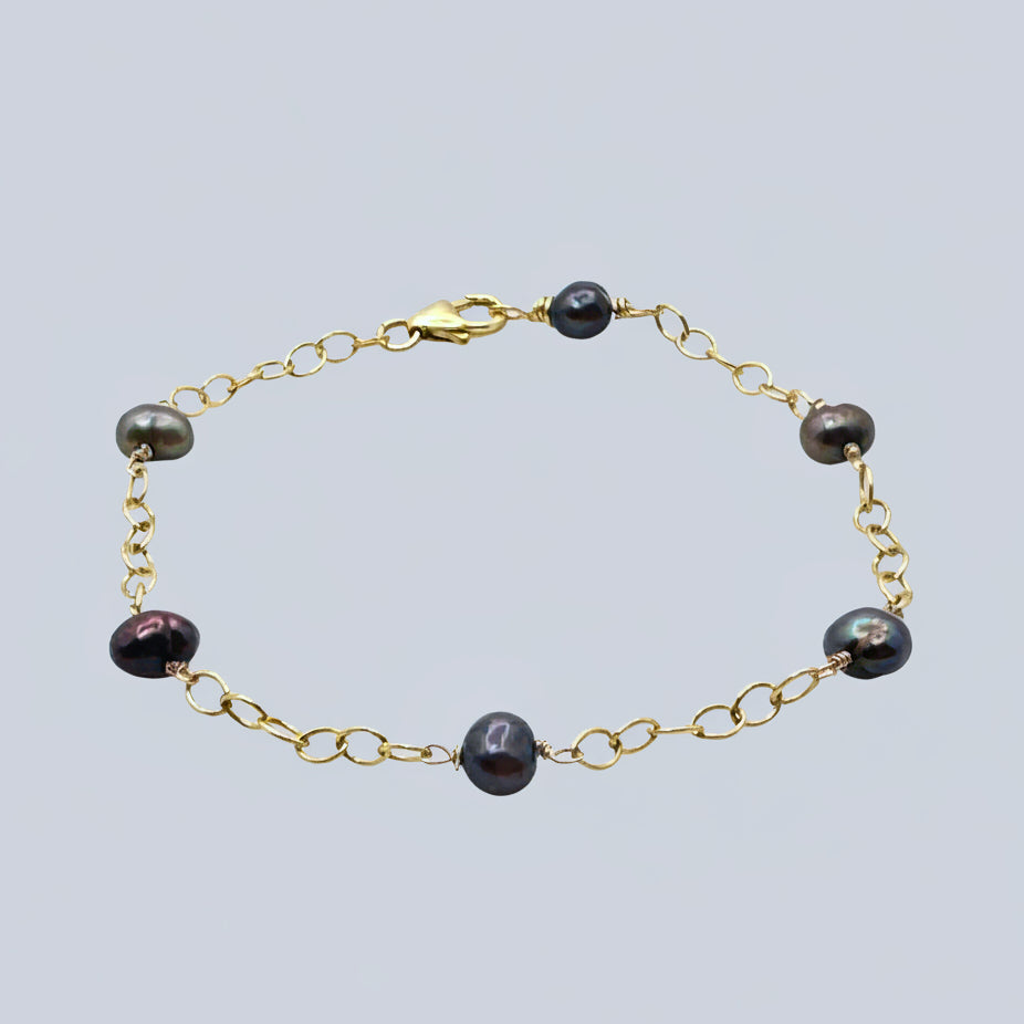 Black & Gray Pearl Gold-Filled Chain Bracelet
