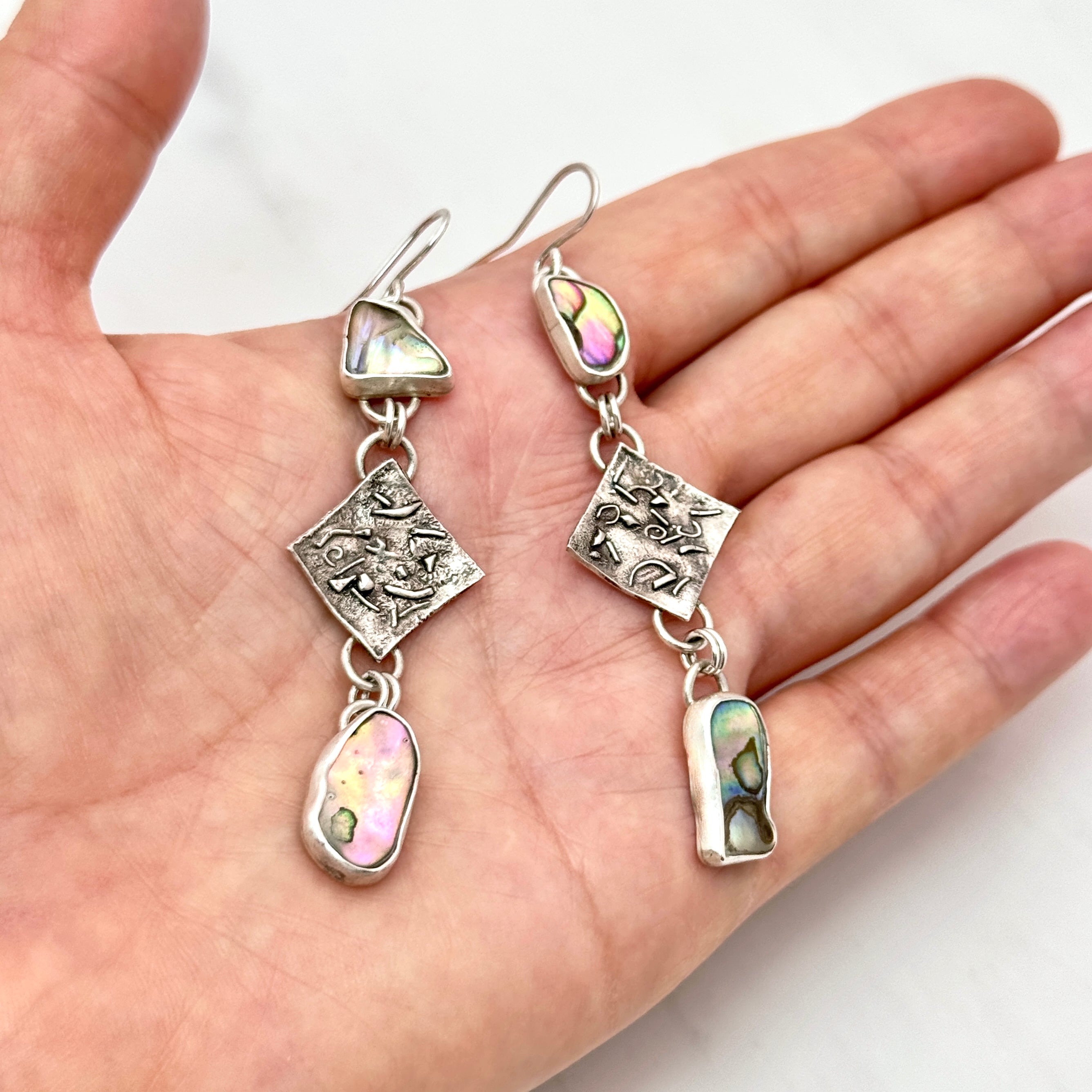 Abalone & Textured 925 Silver Drop Earrings