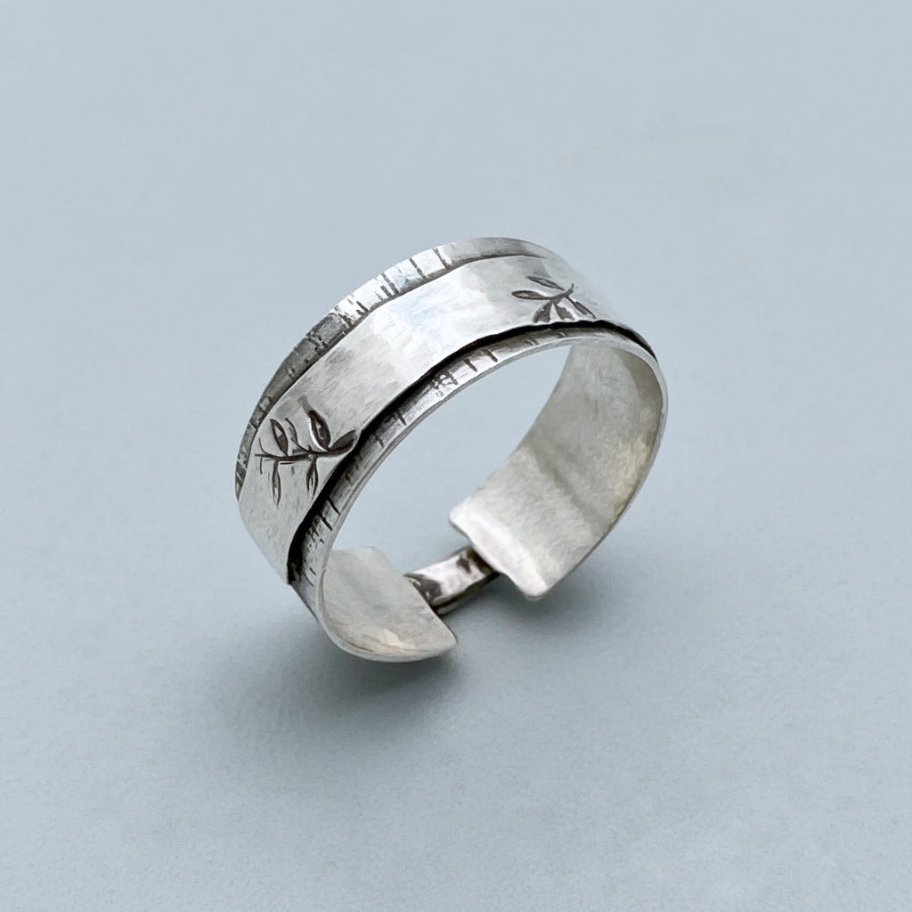 Wide Textured Leaf Sterling Silver Ring