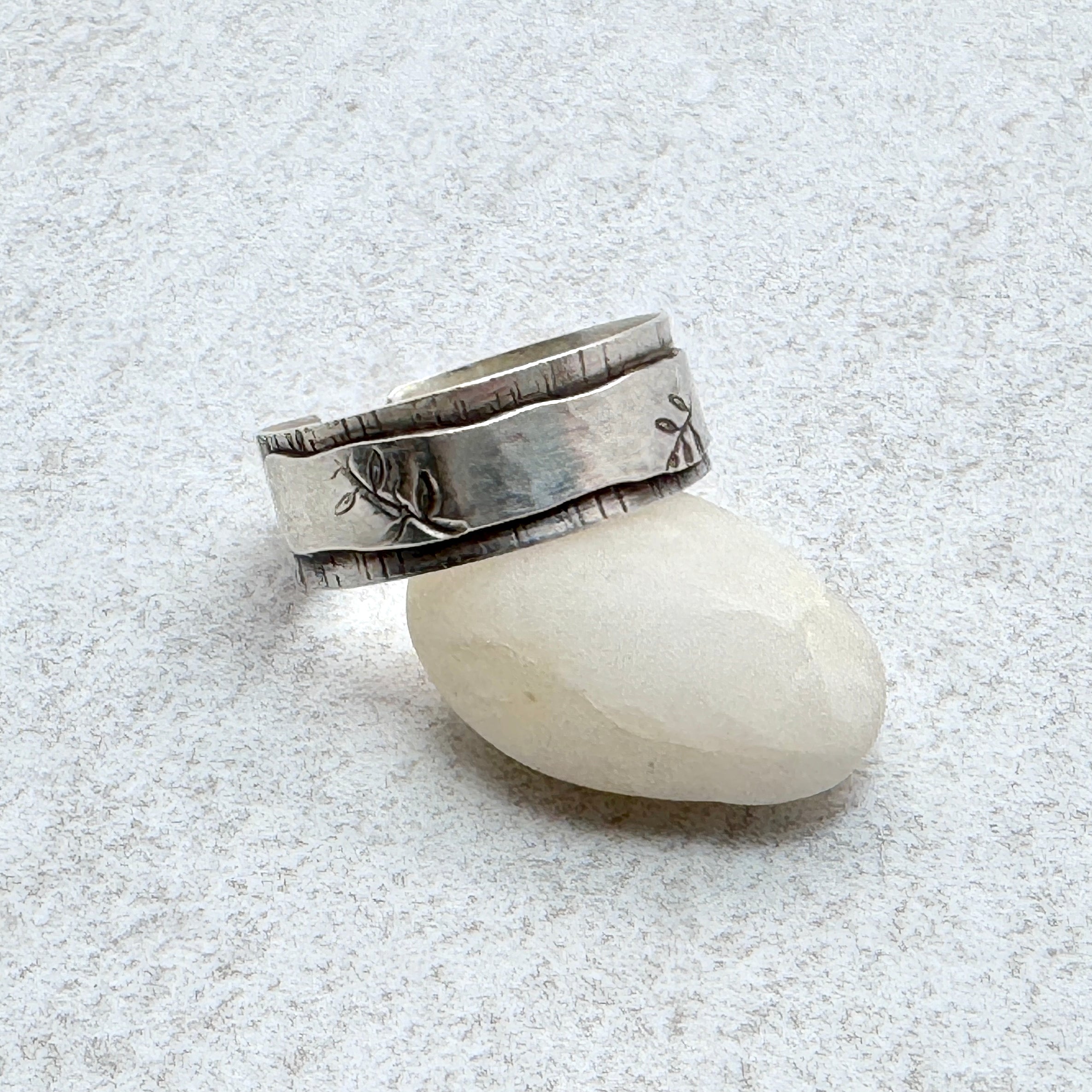 Wide Textured Leaf Sterling Silver Ring