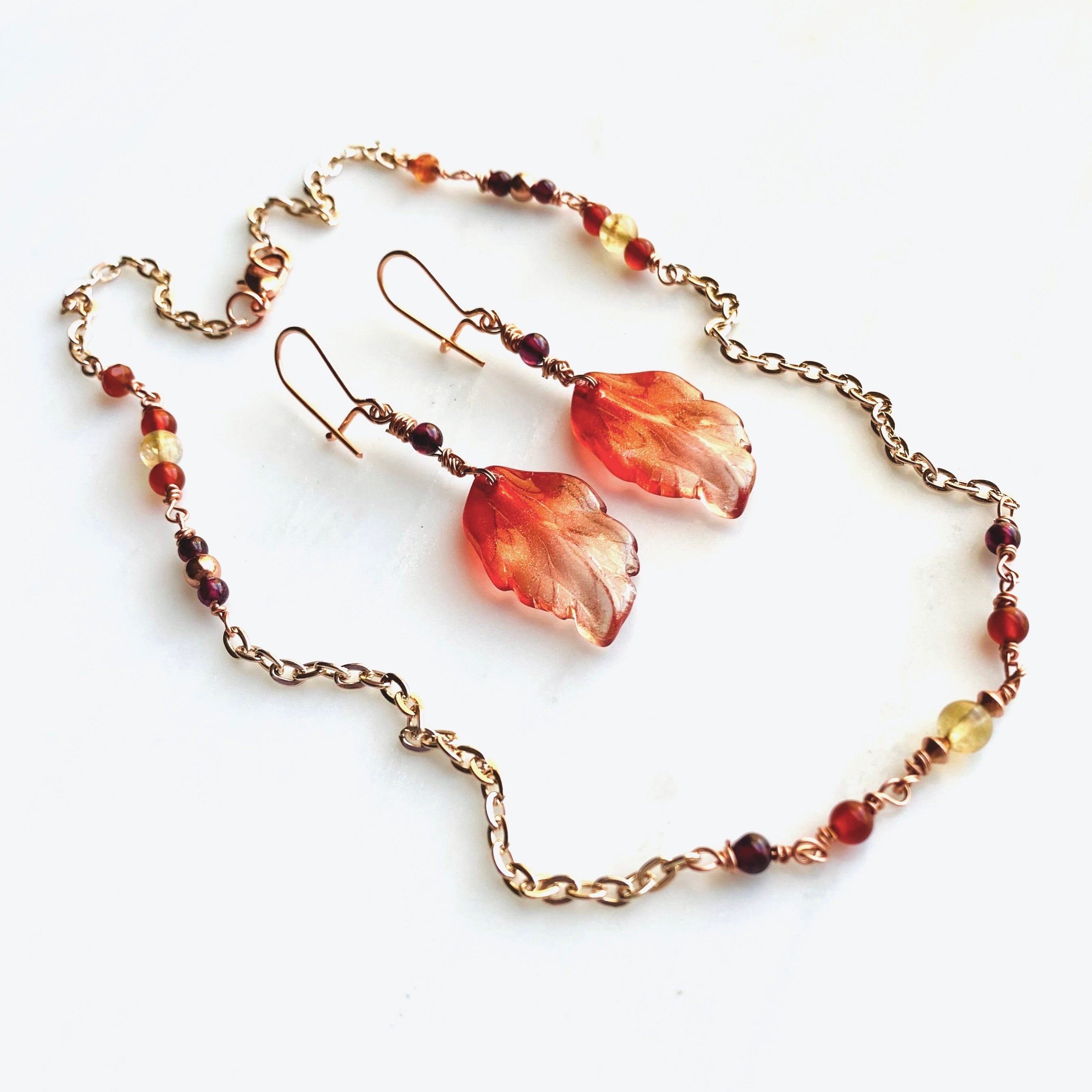 Copper Autumn Leaf Garnet Drop Earrings