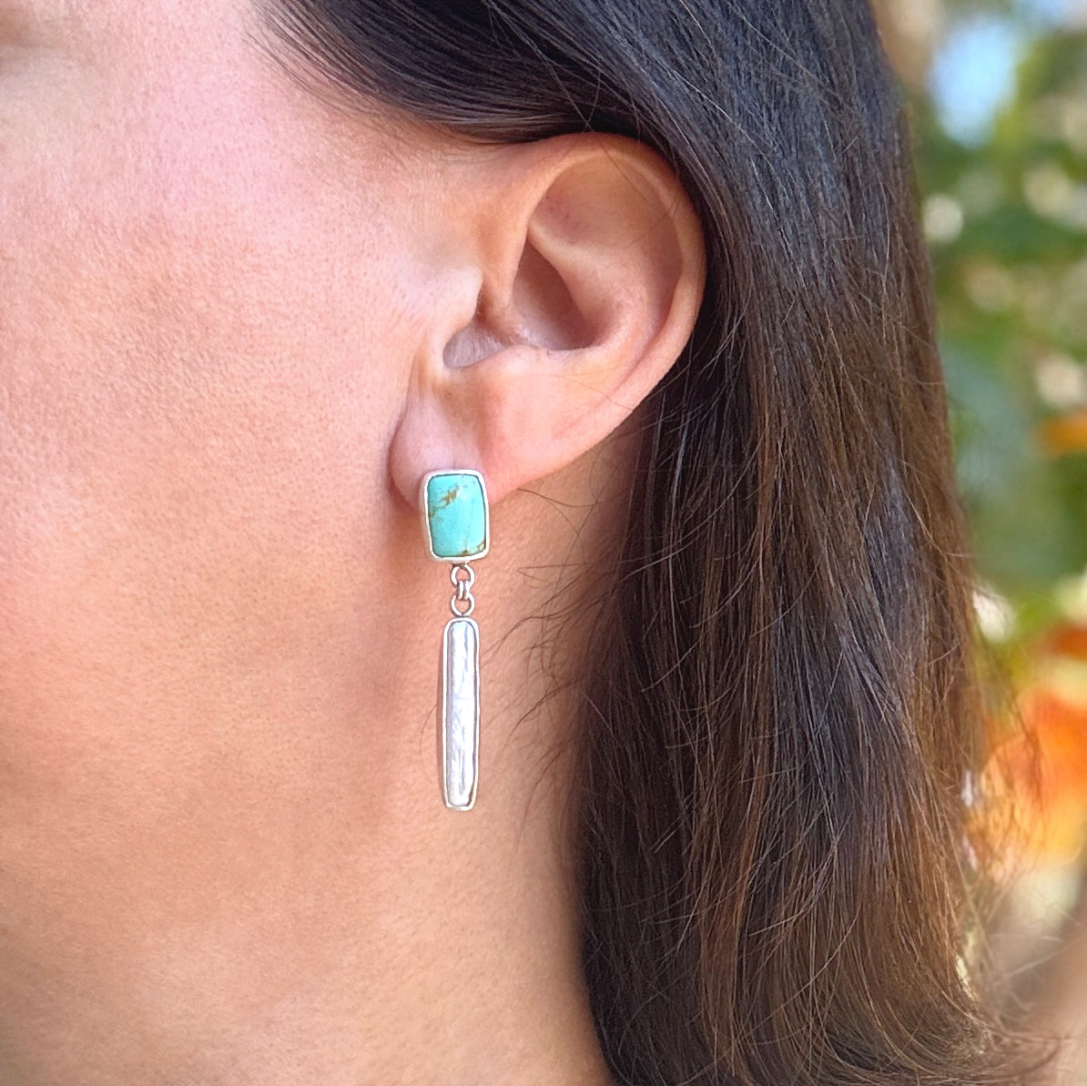 Turquoise & Pearl Asymmetrical Silver Studs