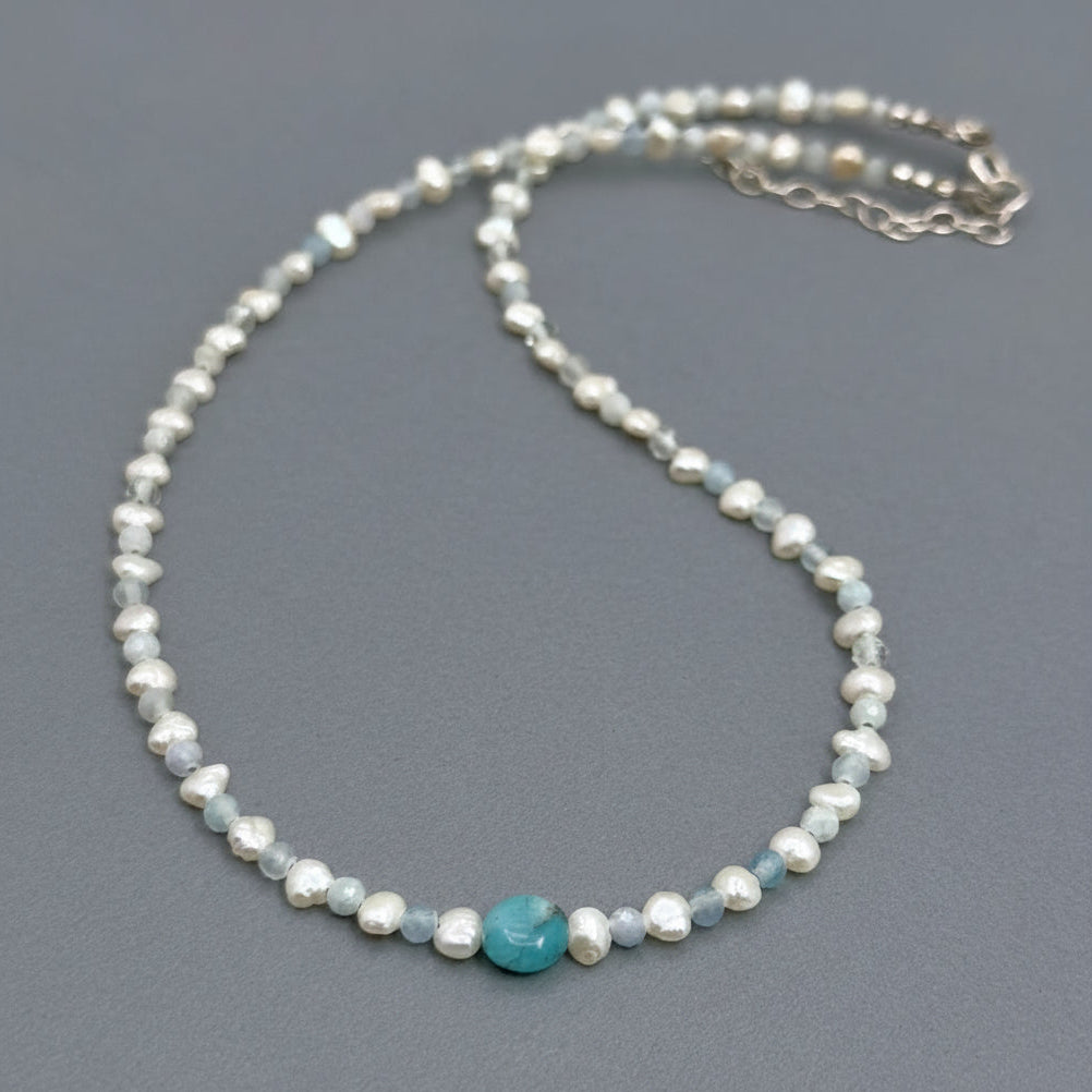 Small Freshwater Pearl & Aquamarine Choker