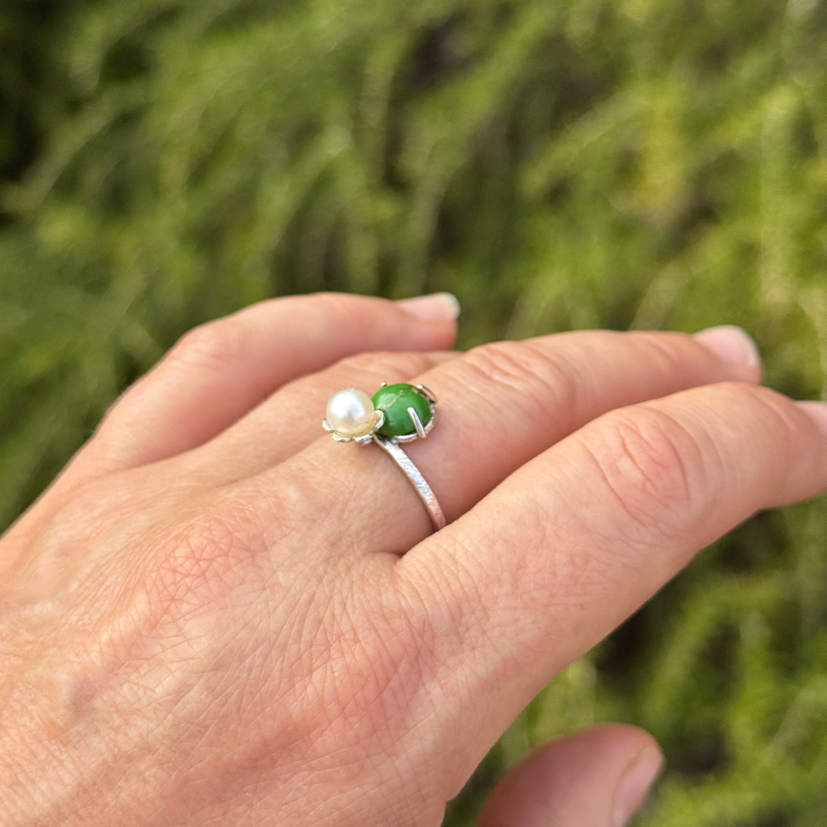 Green Turquoise & Pearl Sterling Silver Ring