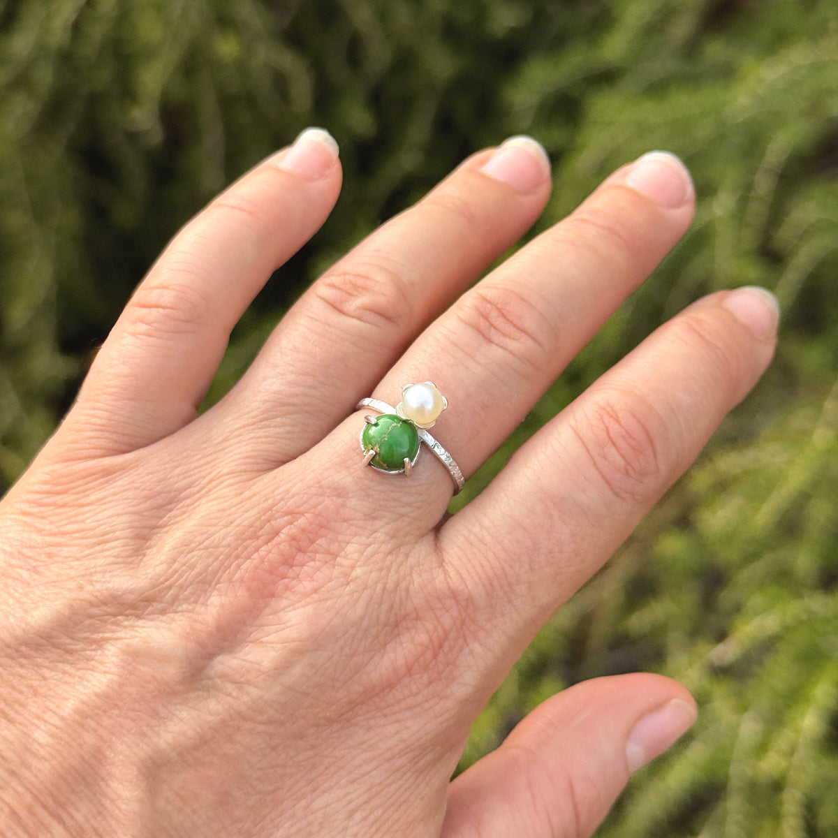 Green Turquoise & Pearl Sterling Silver Ring