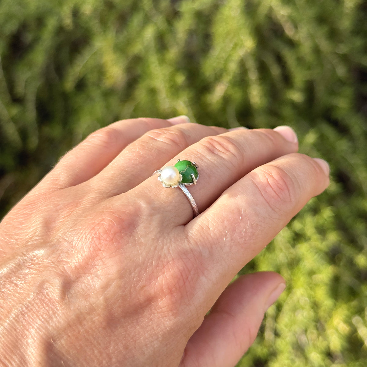 Green Turquoise & Pearl Sterling Silver Ring