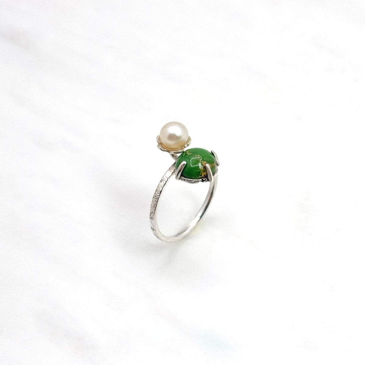 Green Turquoise & Pearl Sterling Silver Ring