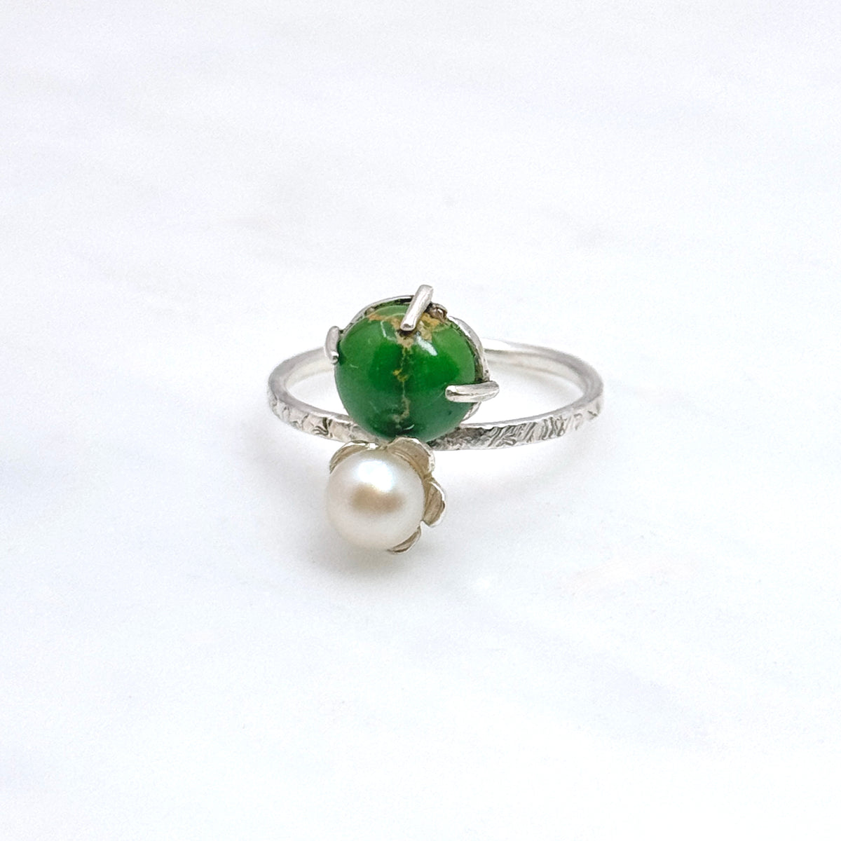 Green Turquoise & Pearl Sterling Silver Ring