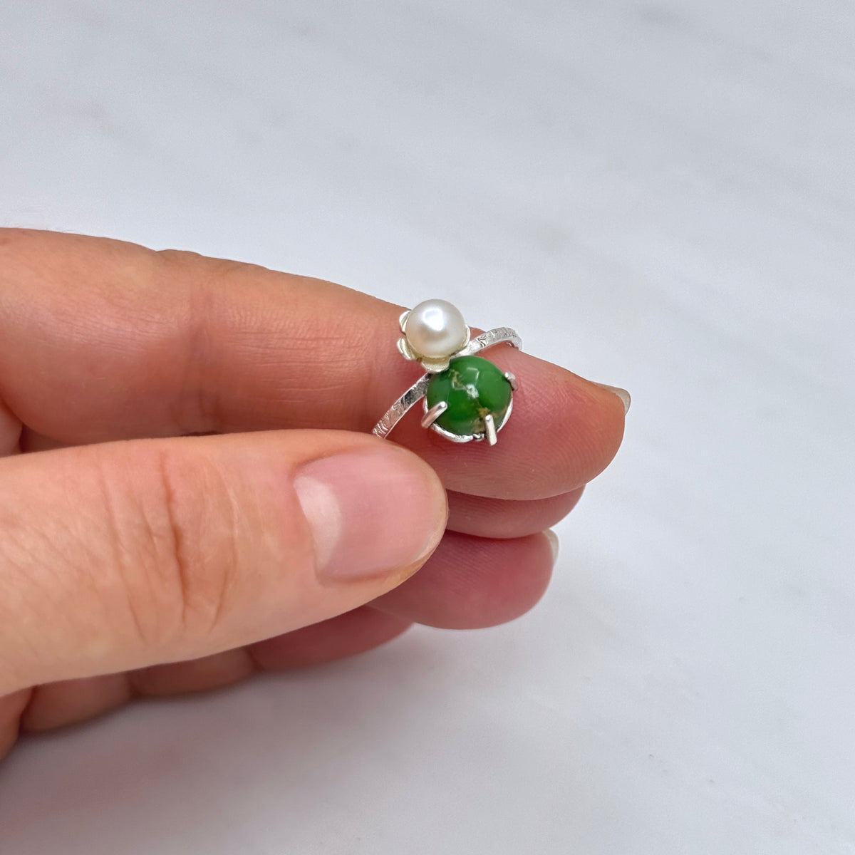Green Turquoise & Pearl Sterling Silver Ring