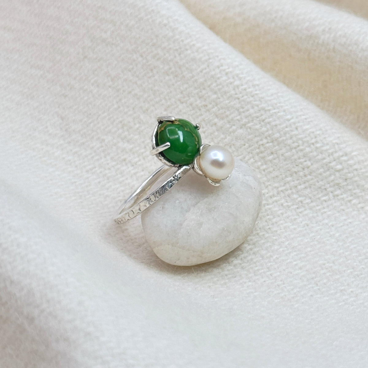 Green Turquoise & Pearl Sterling Silver Ring