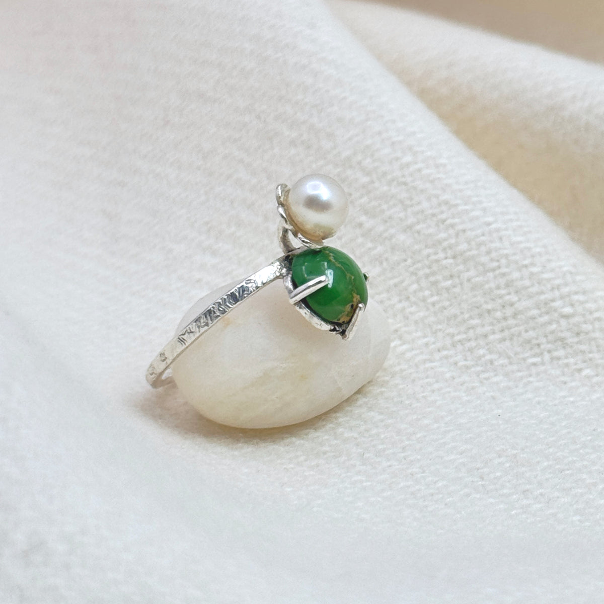Green Turquoise & Pearl Sterling Silver Ring