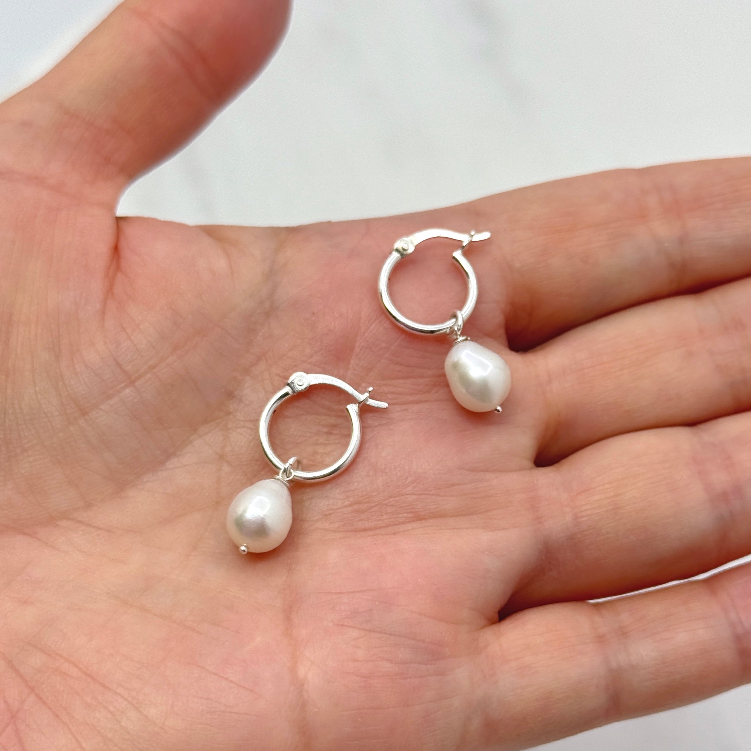 Pearl Huggie Hoop Sterling Silver Earrings