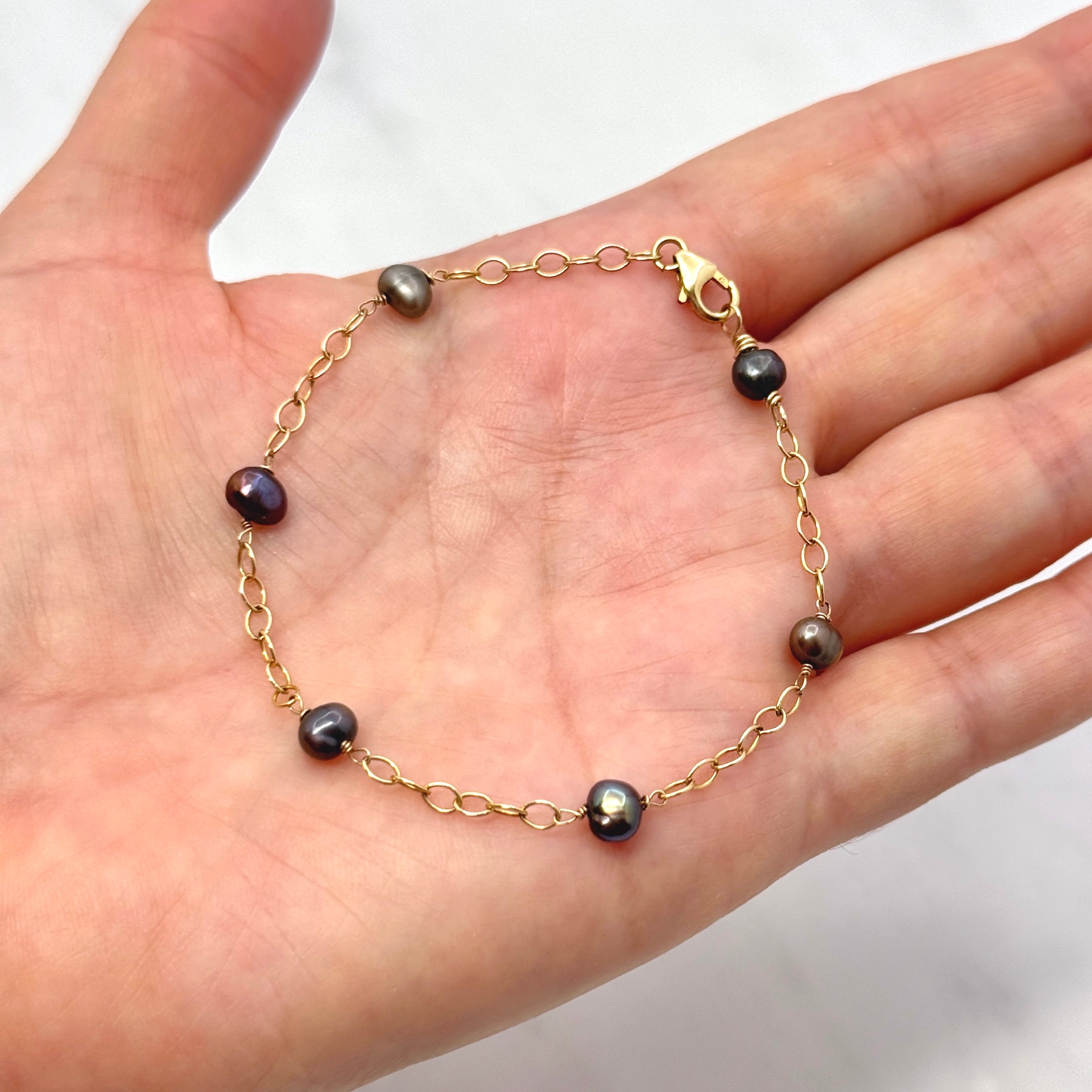 Black & Gray Pearl Gold-Filled Chain Bracelet