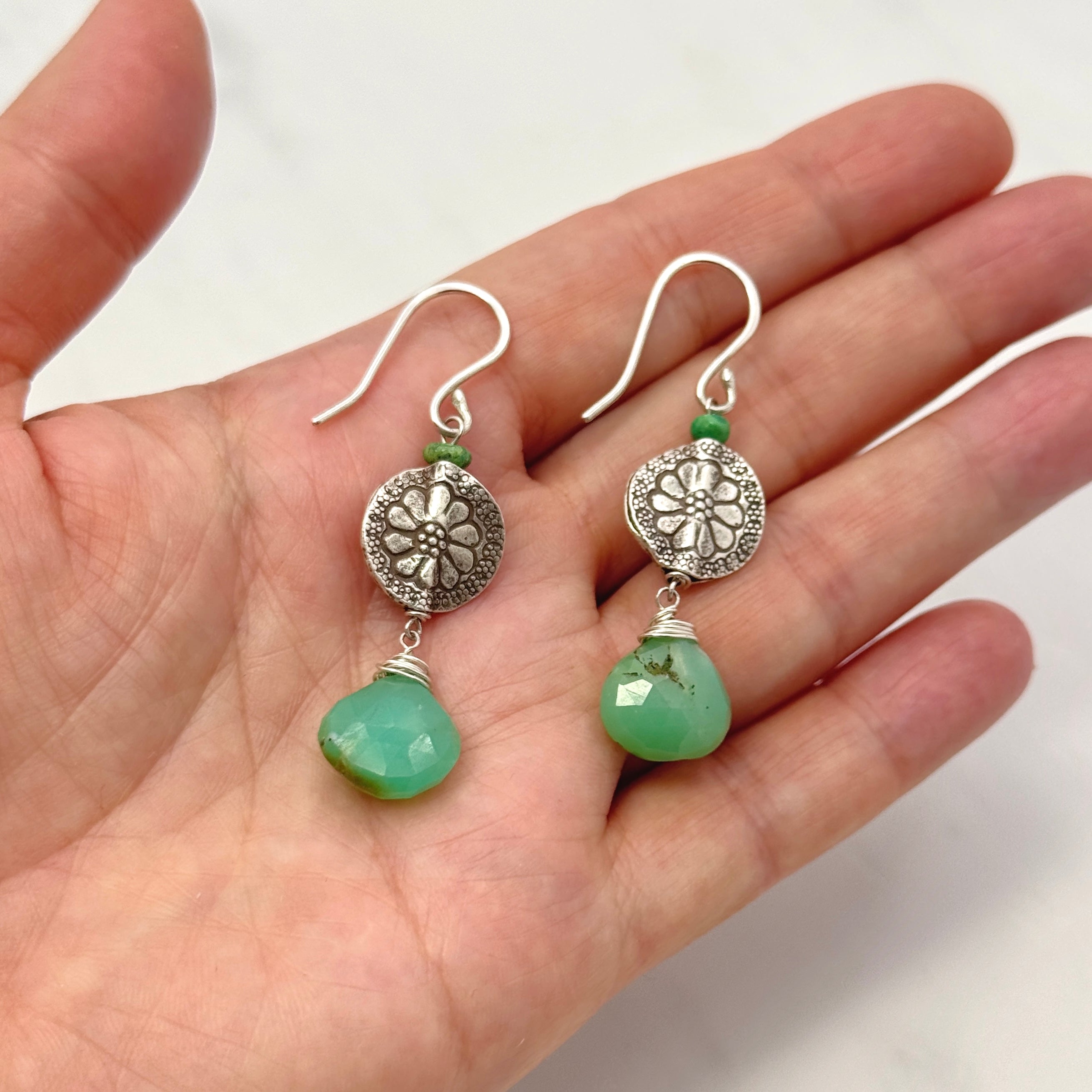Thai Silver Flower & Chrysoprase Earrings
