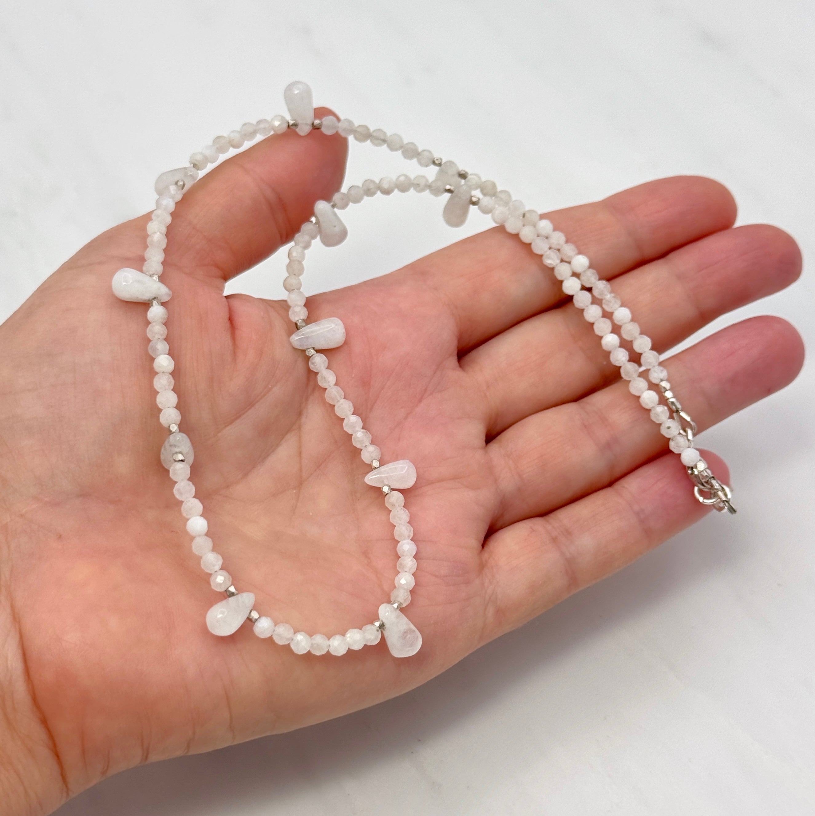 Rainbow Moonstone Petal & Silver Necklace