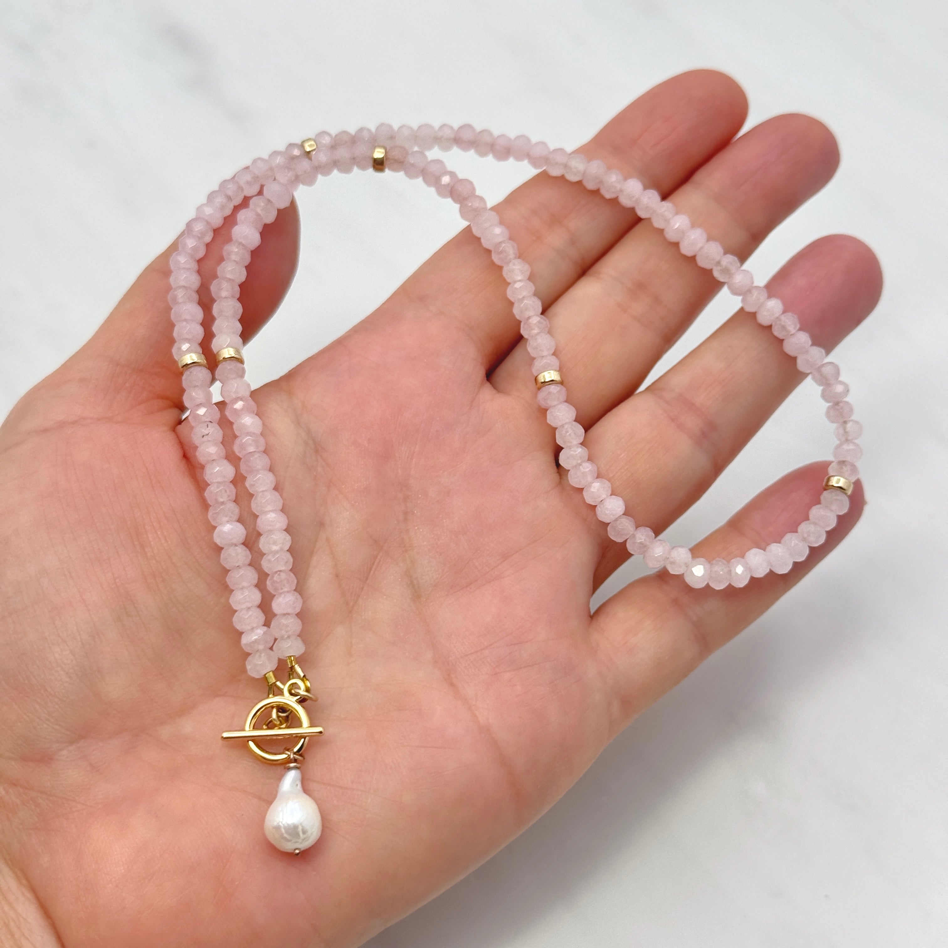Rose Quartz & Baroque Pearl Toggle Necklace