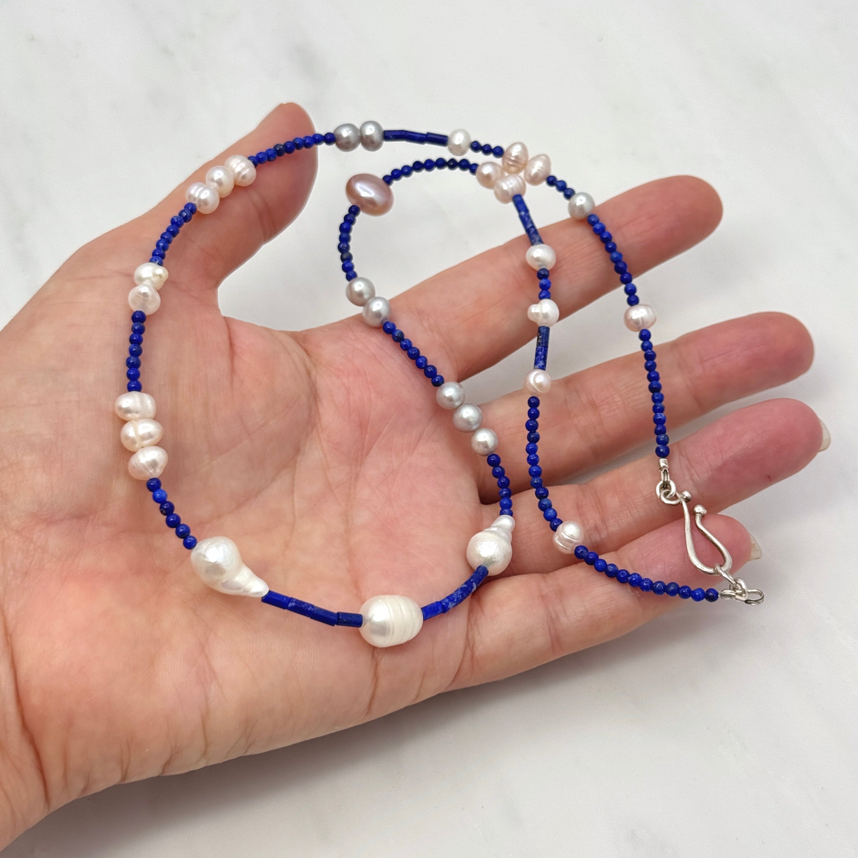 Baroque Pearl, Lapis & 925 Silver Necklace