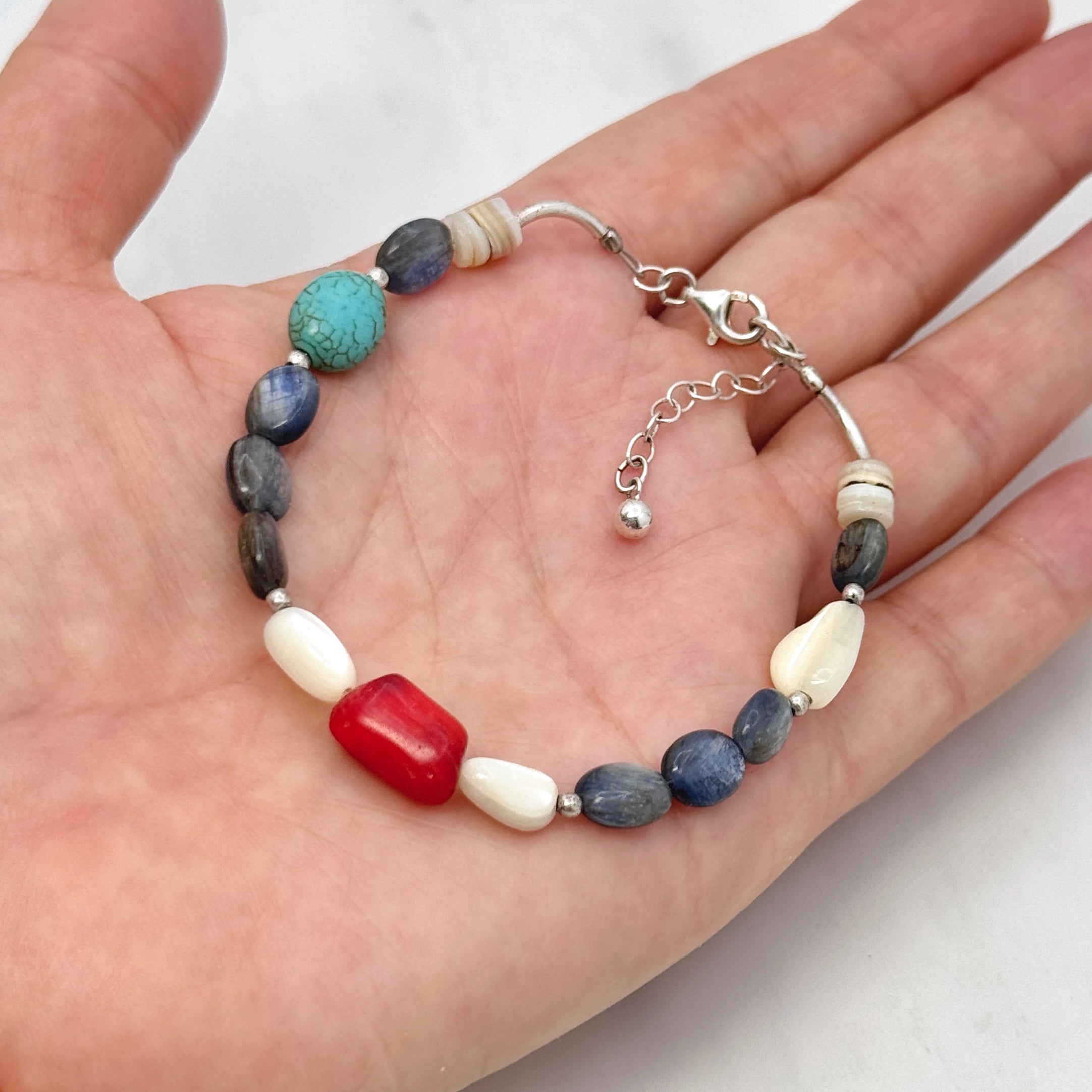 Red Coral & Kyanite Sterling Silver Bracelet