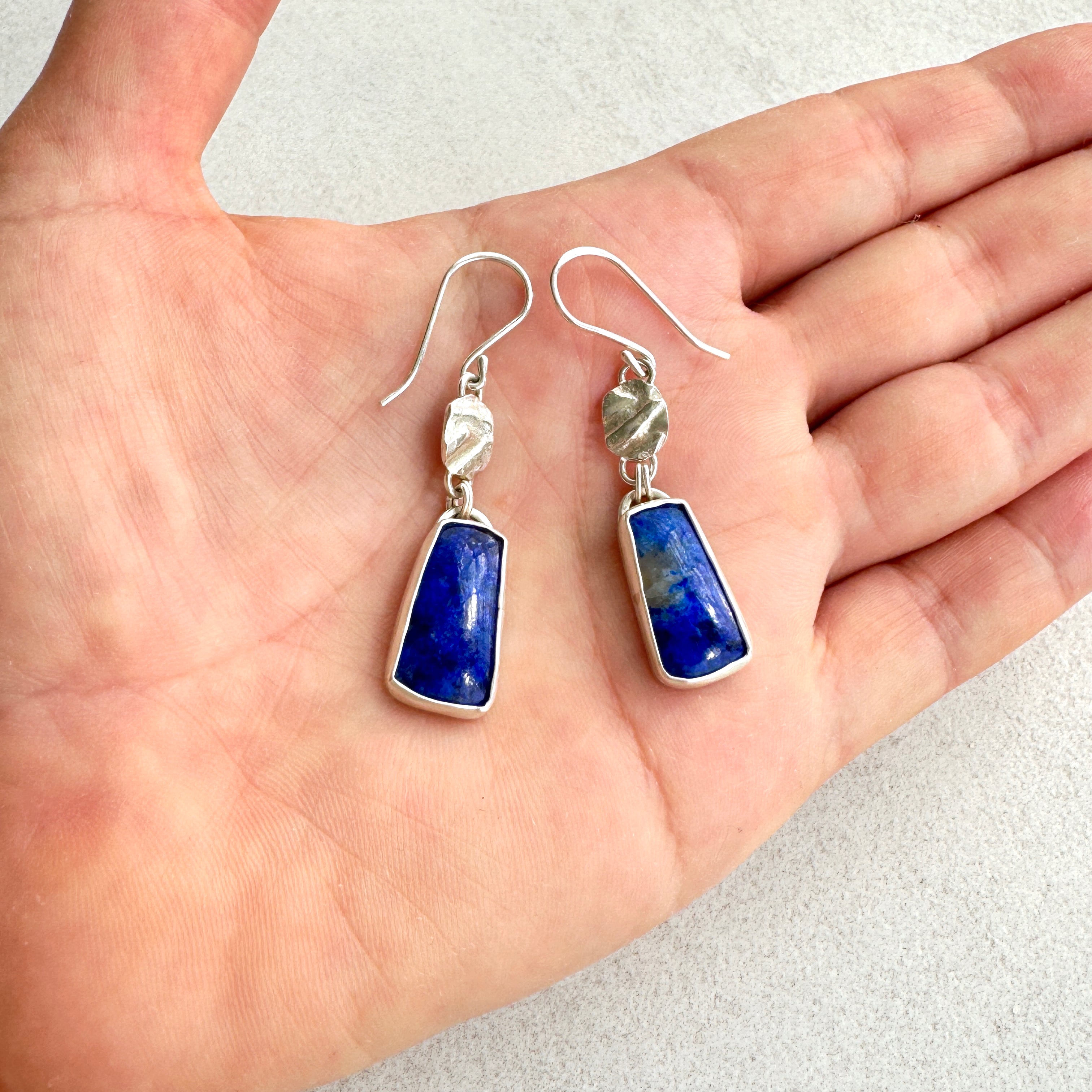 Lapis & Textured 925 Silver Drop Earrings