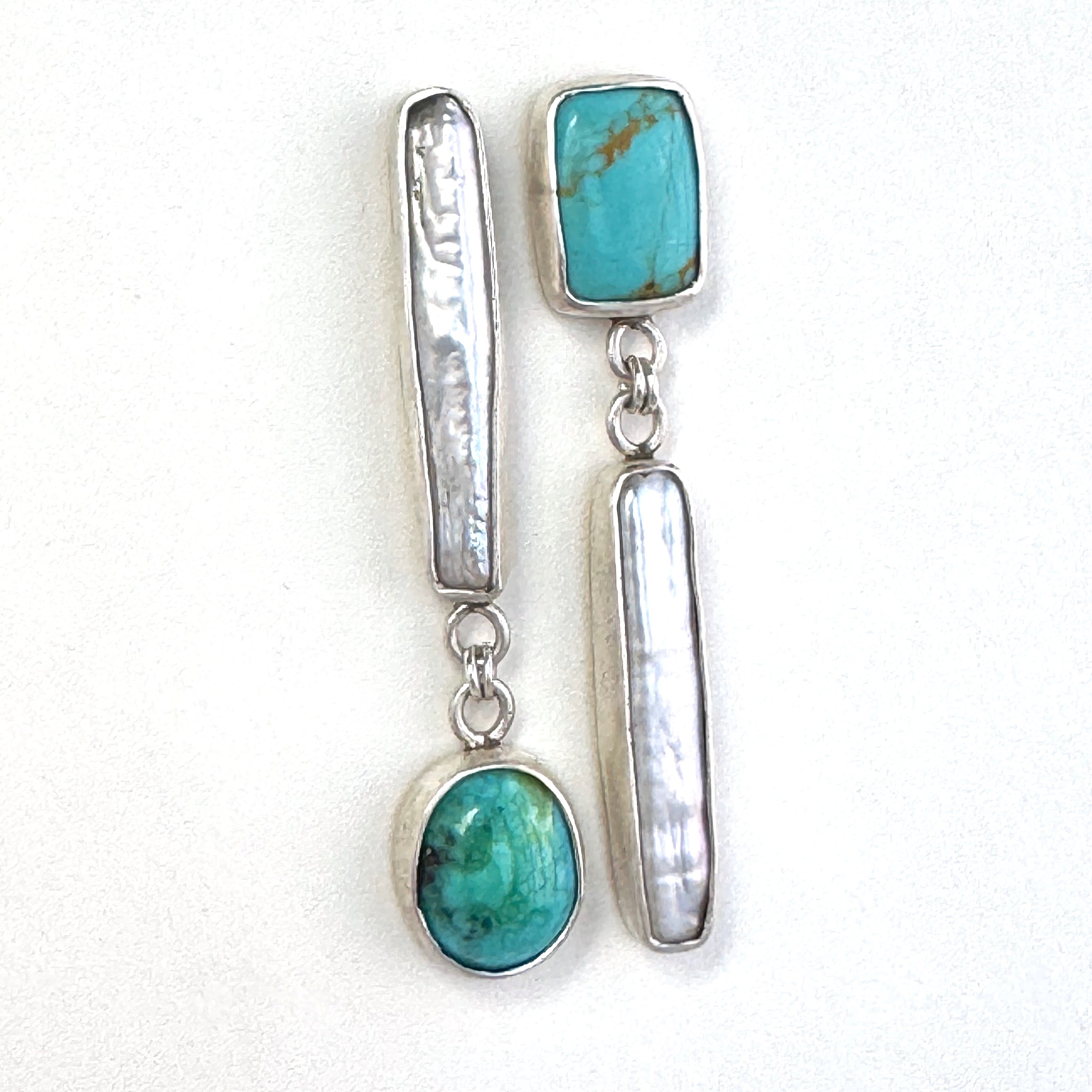 Turquoise & Pearl Asymmetrical Silver Studs