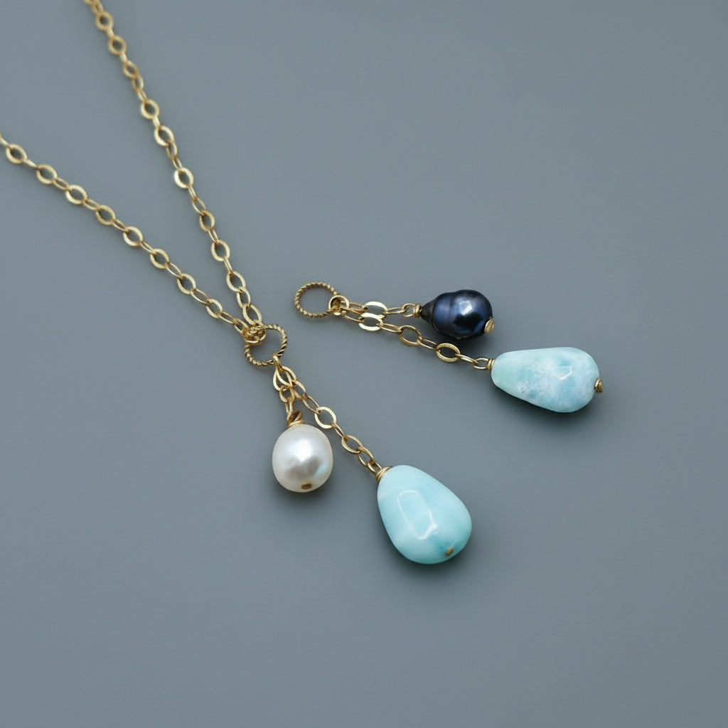 Larimar and Pearl Gold Y Necklace with Charms