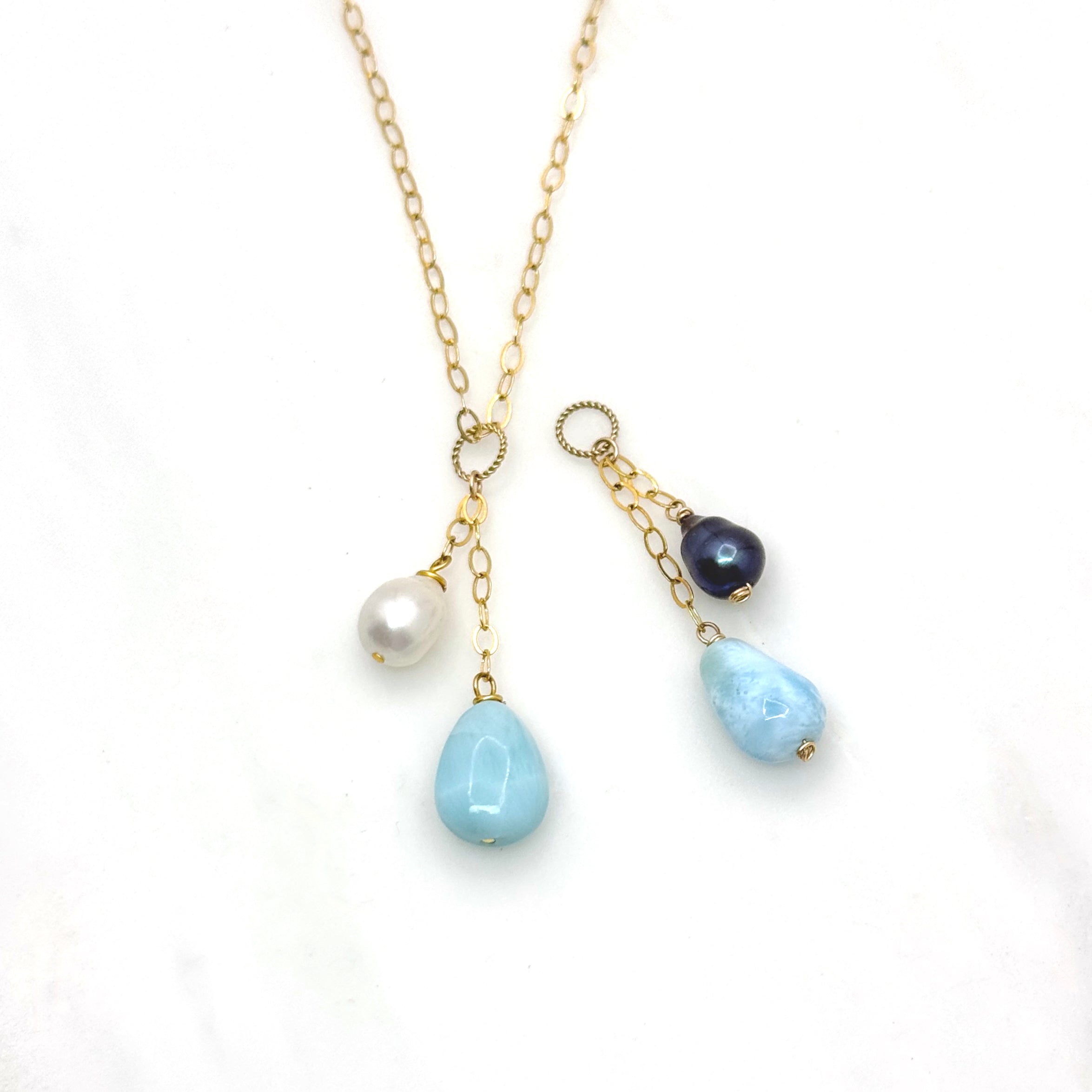 Larimar and Pearl Gold Y Necklace with Charms