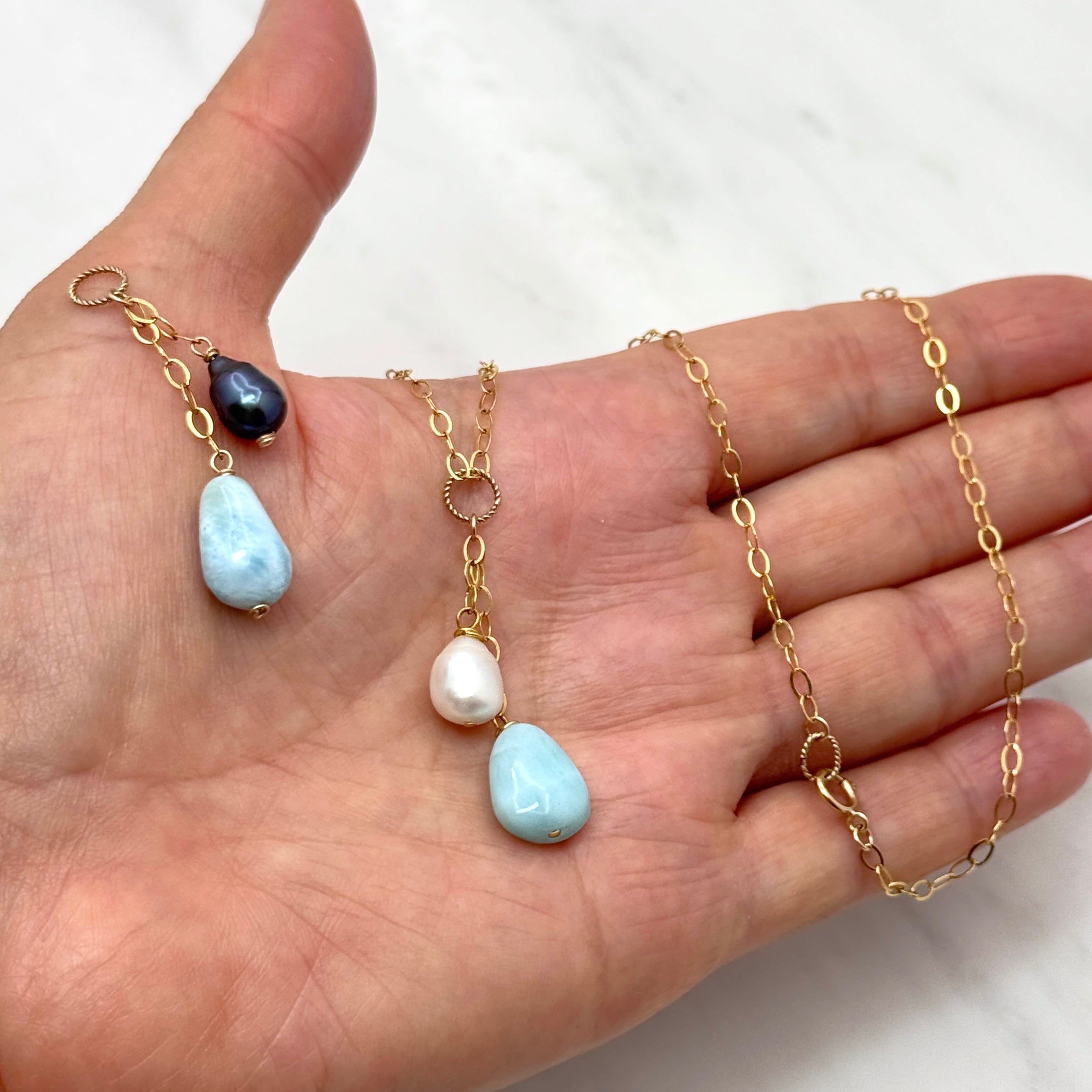 Larimar and Pearl Gold Y Necklace with Charms