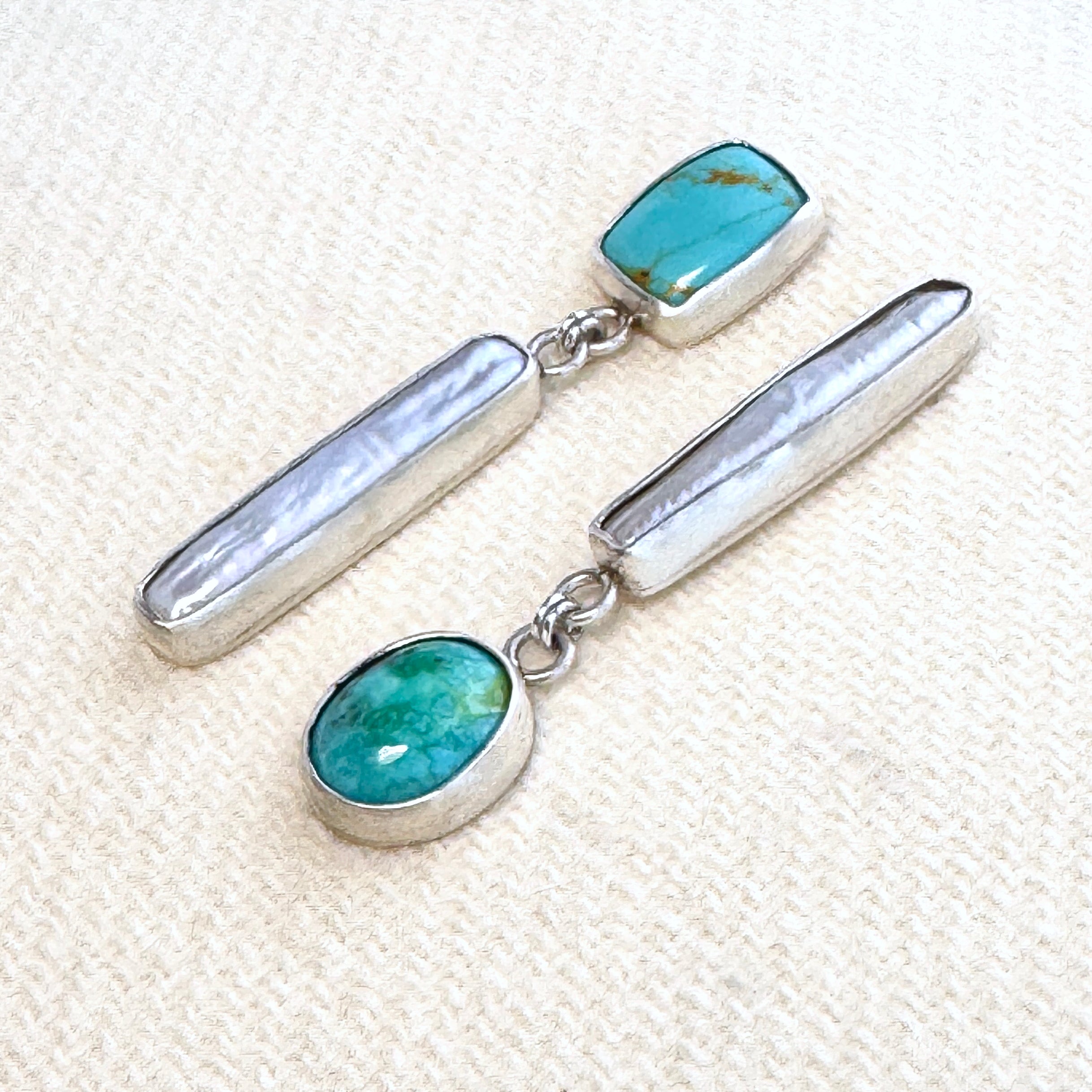 Turquoise & Pearl Asymmetrical Silver Studs