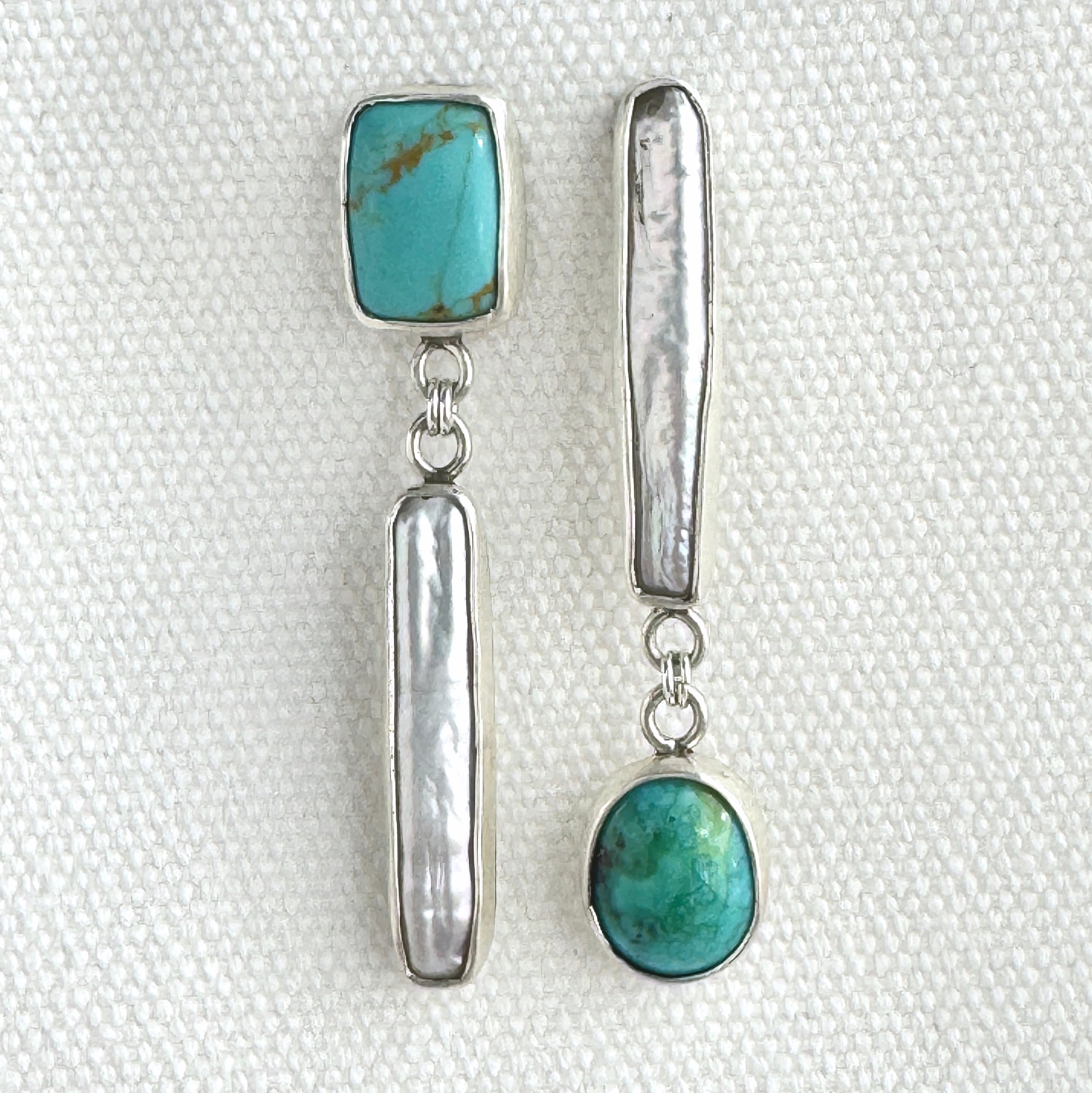 Turquoise & Pearl Asymmetrical Silver Studs