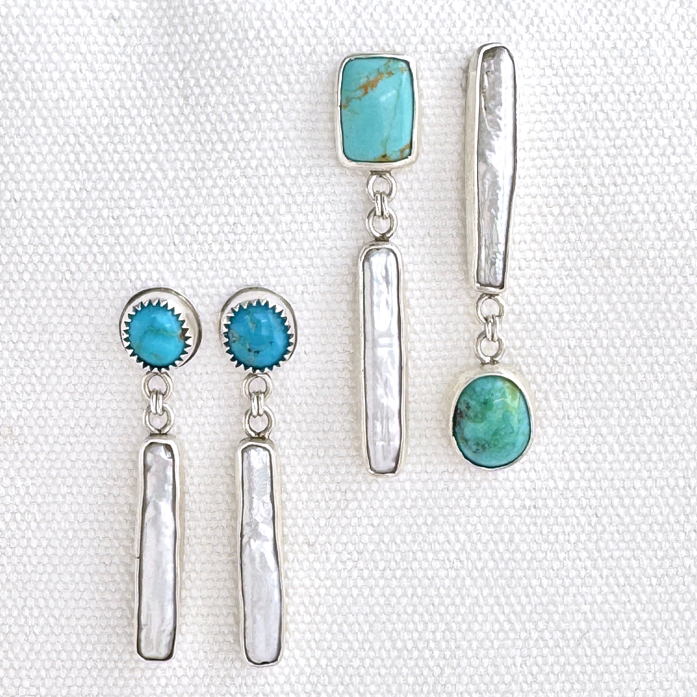 Turquoise & Pearl Asymmetrical Silver Studs