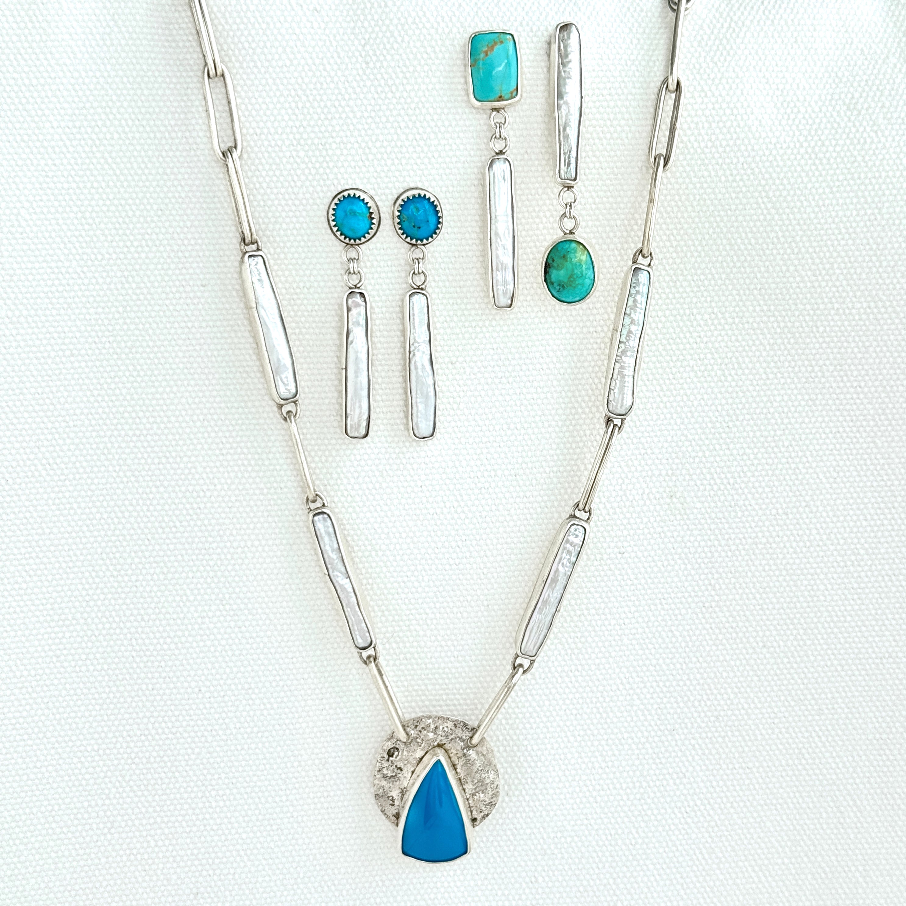 Turquoise & Pearl Asymmetrical Silver Studs