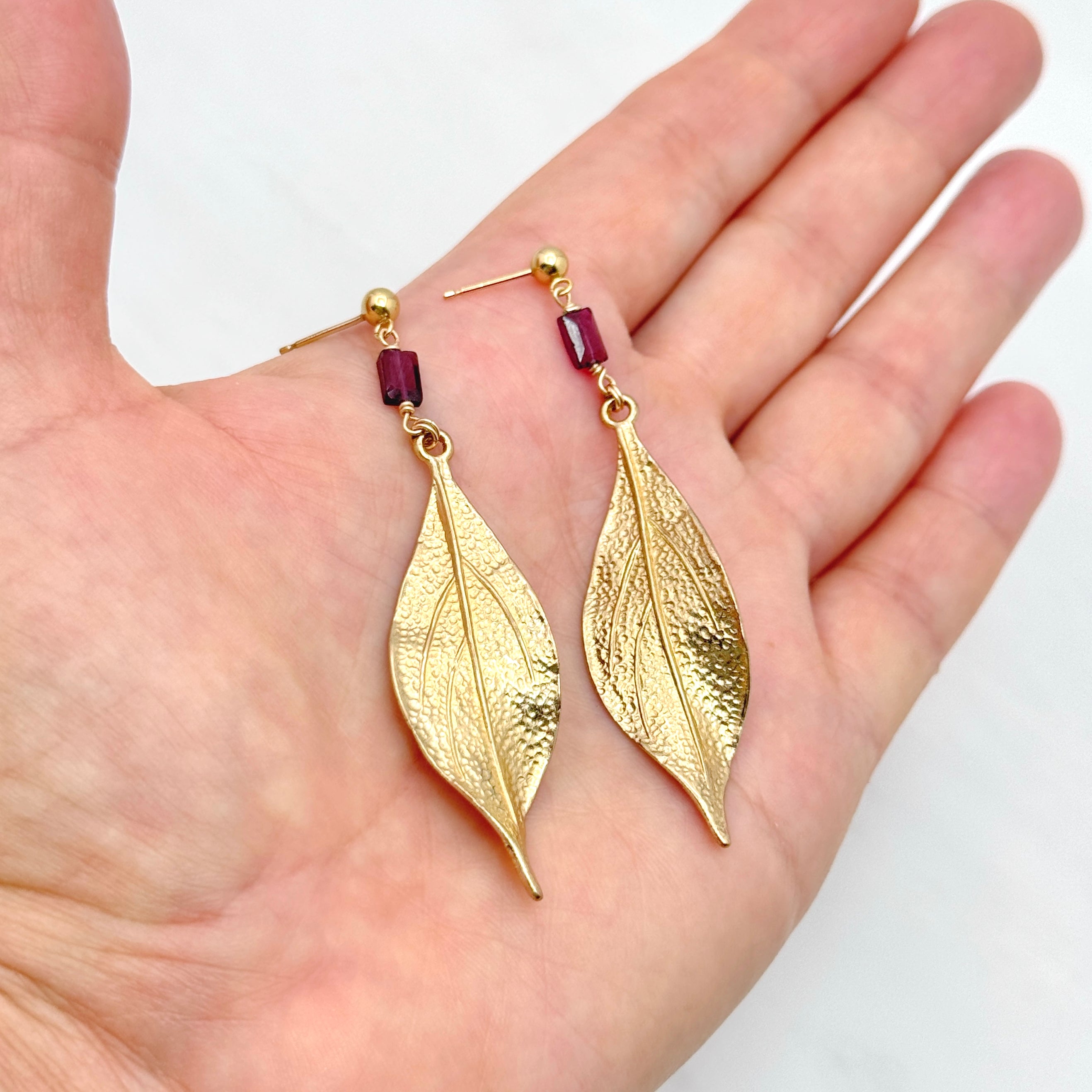 Garnet & Textured Leaf Statement Earrings