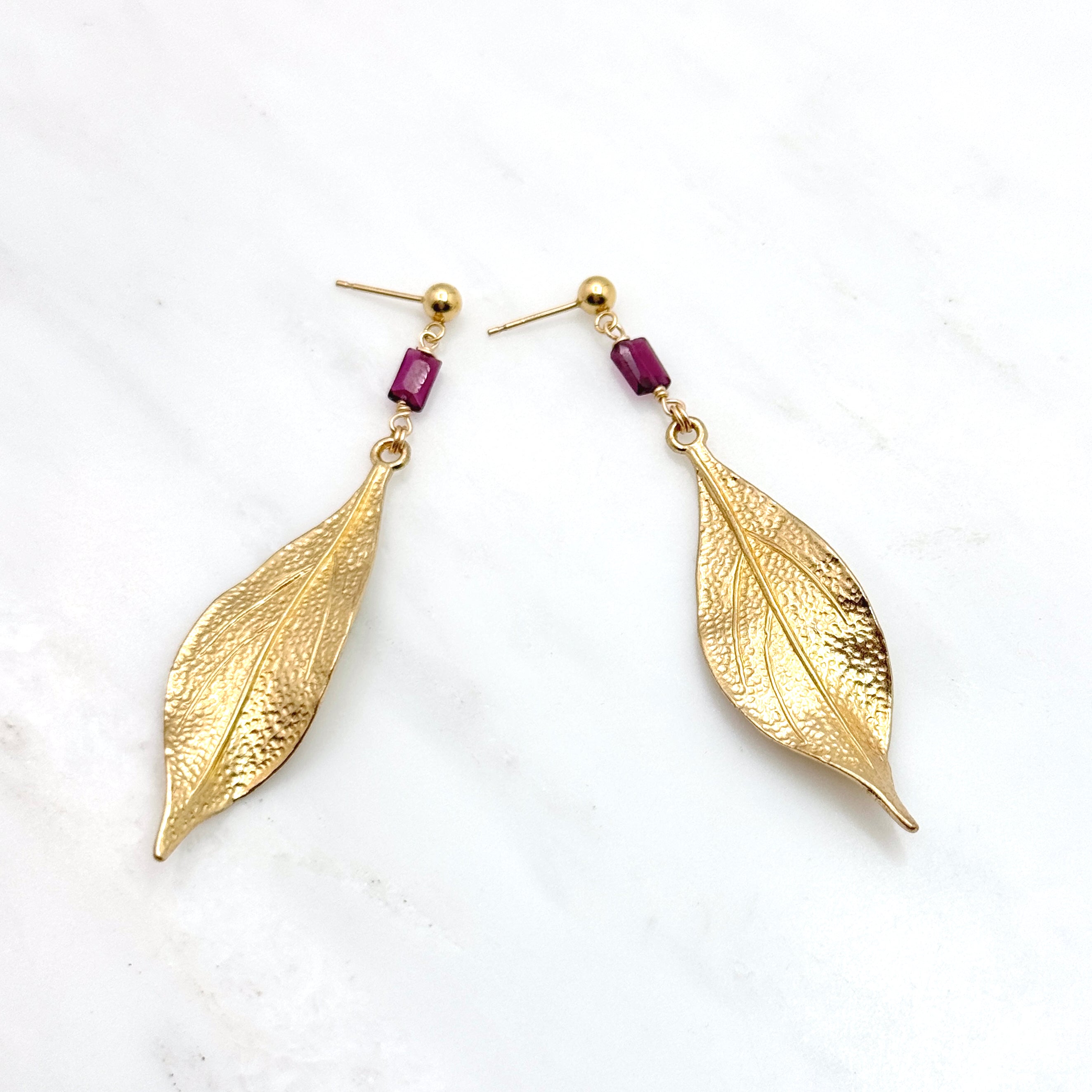 Garnet & Textured Leaf Statement Earrings