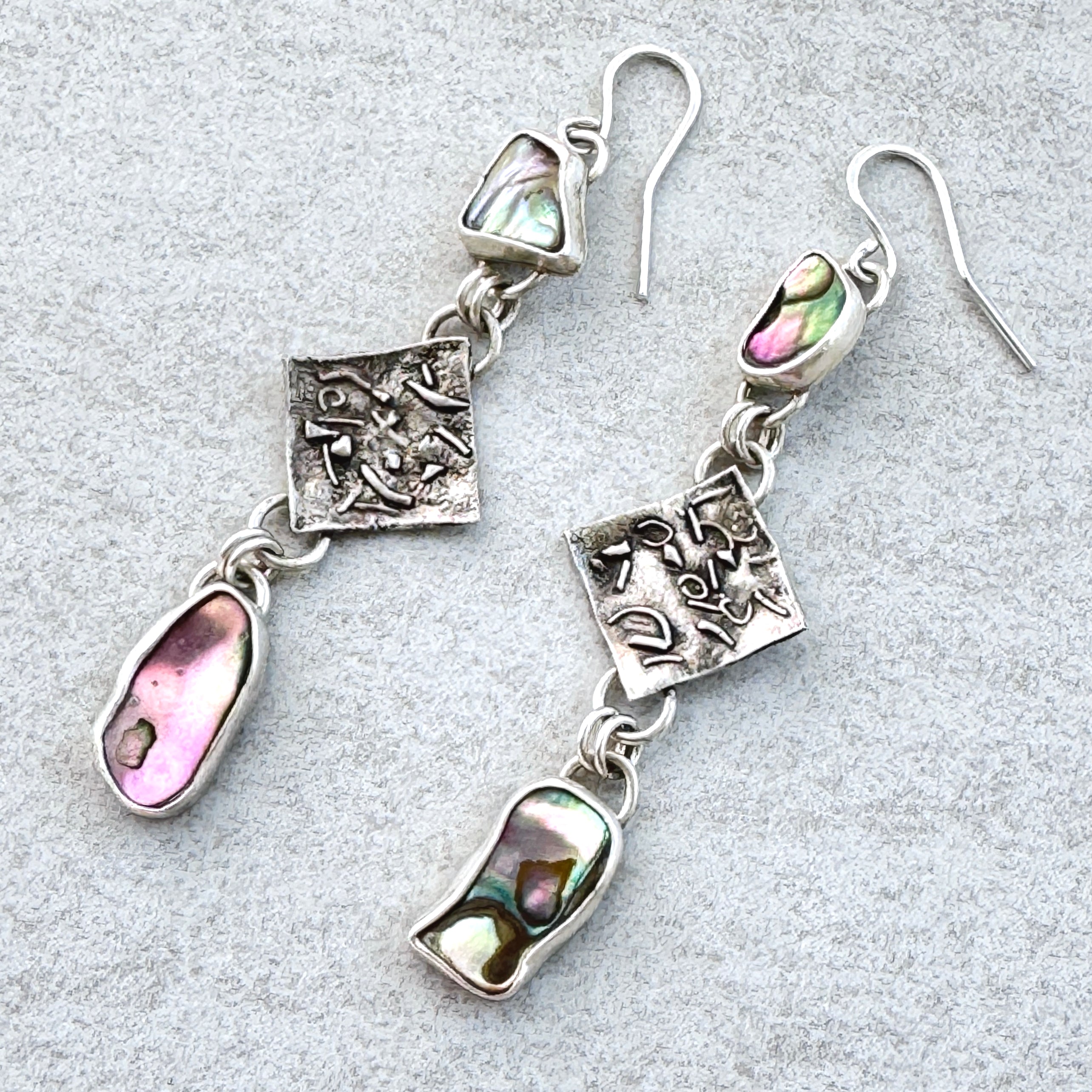 Abalone & Textured 925 Silver Drop Earrings